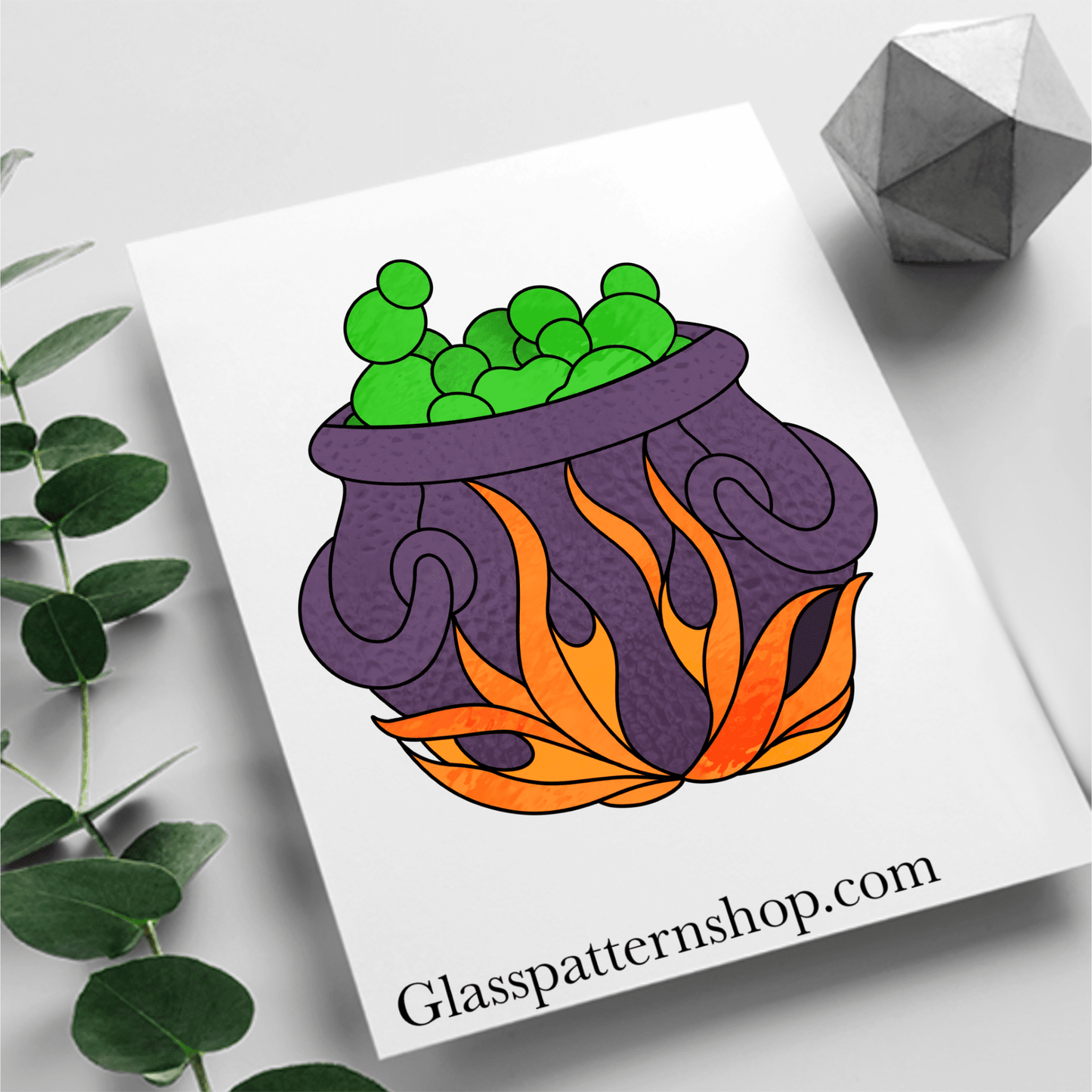Cauldron stained glass pattern digital download – witchy Halloween glass art template
