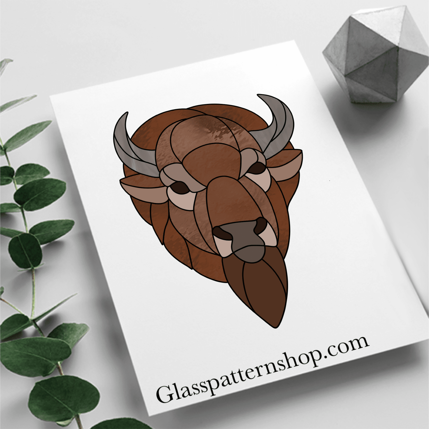 Buffalo stained glass pattern – bison suncatcher template – digital download for stained glass art in SVG, PDF, PNG.