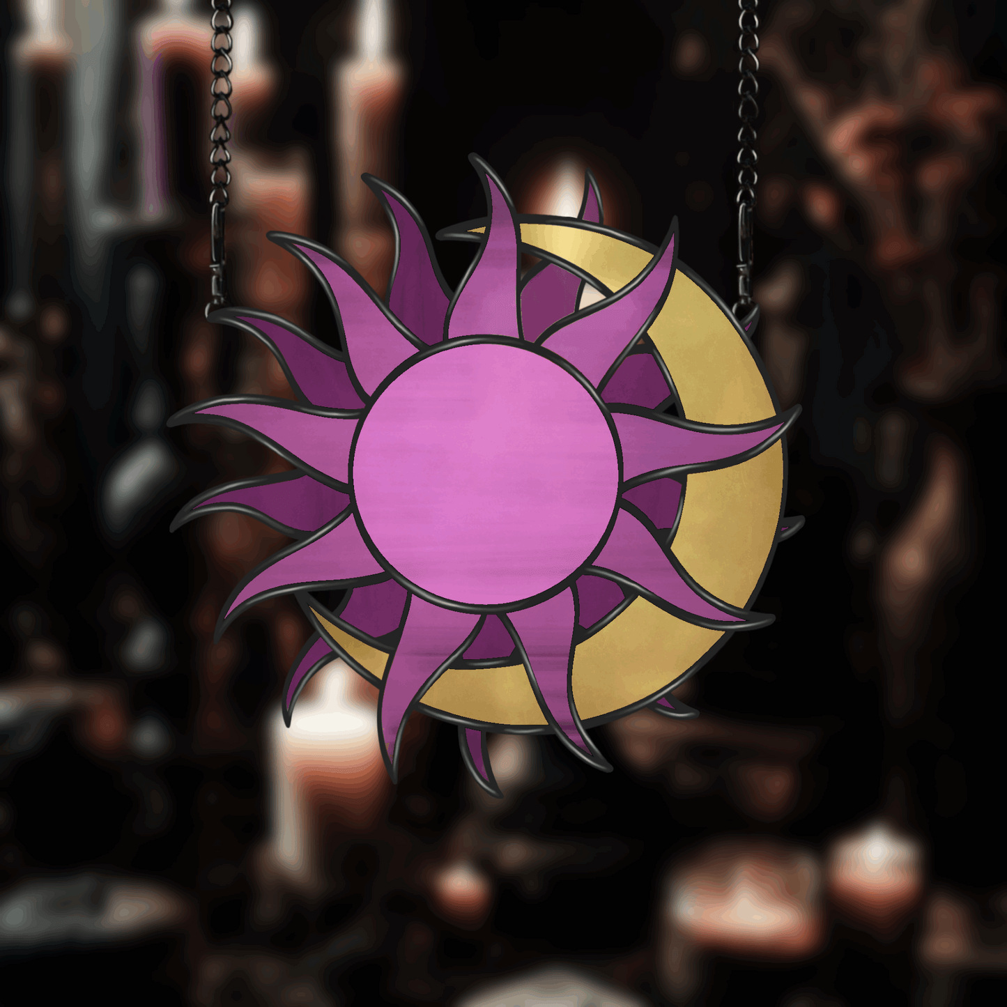 Celestial sun and moon suncatcher stained glass pattern, bright and whimsical design.