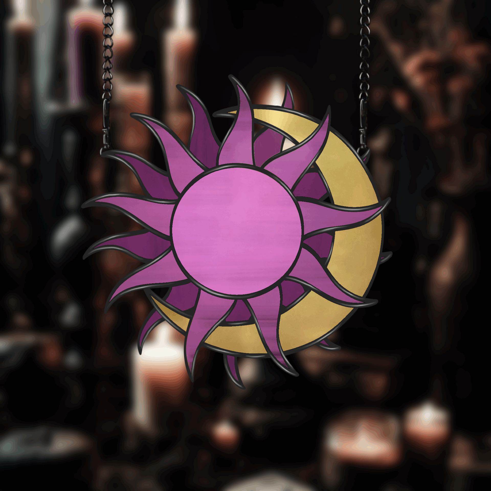 Celestial sun and moon suncatcher stained glass pattern, bright and whimsical design.