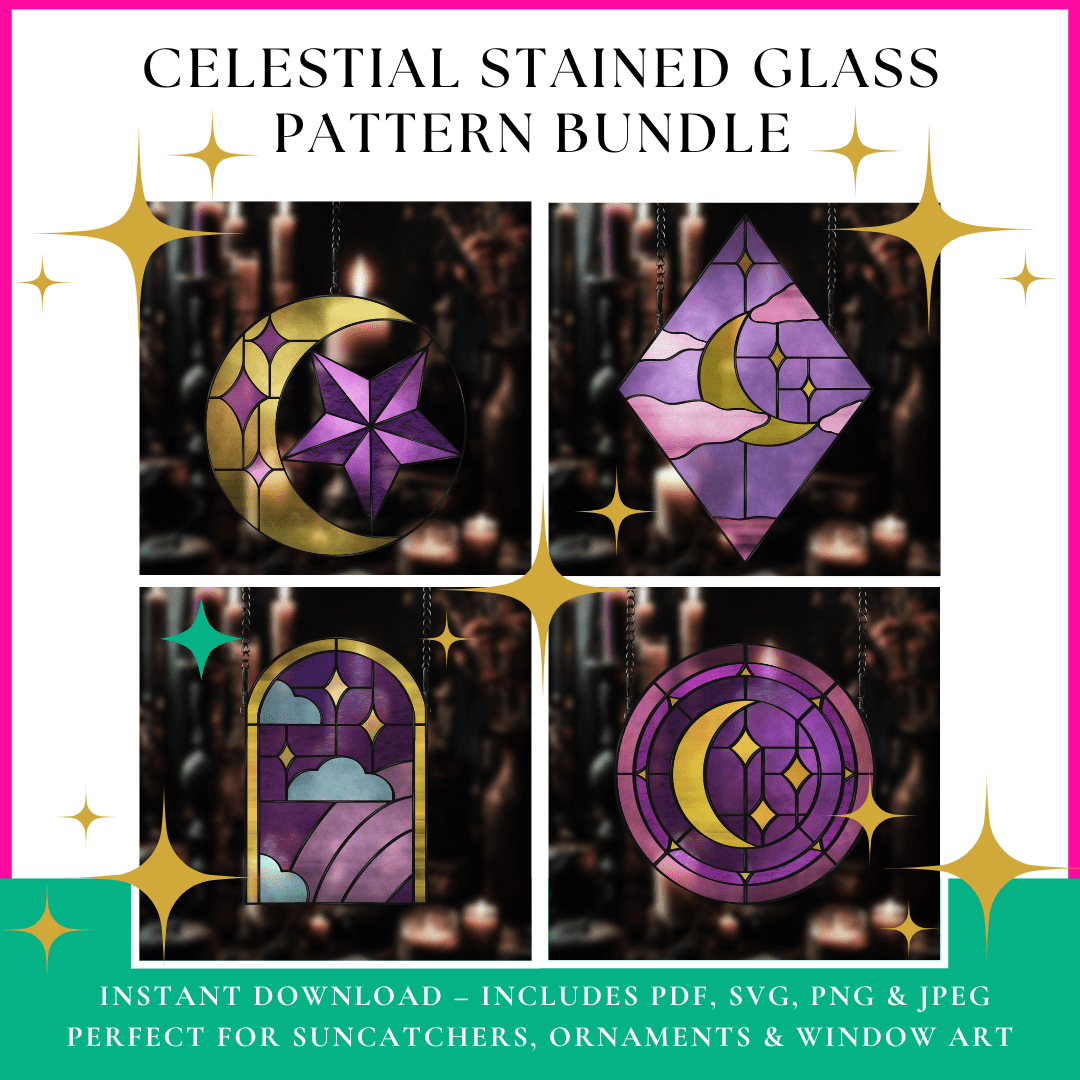 Celestial Stained Glass Pattern Bundle – 4 Bestselling Moon & Star Designs – DIGITAL PRODUCT