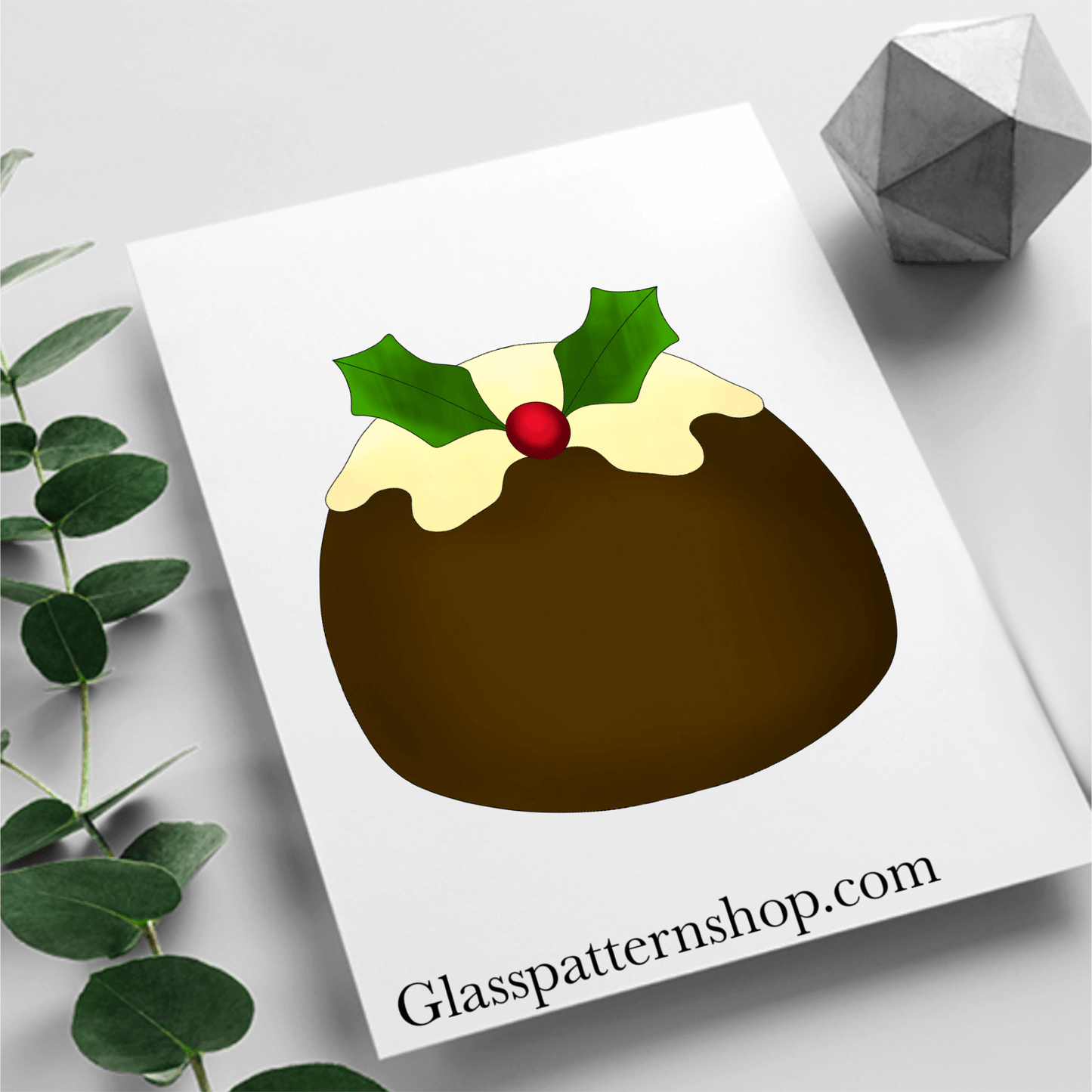 Digital stained glass pattern featuring a traditional Christmas pudding, ideal for holiday-themed designs.