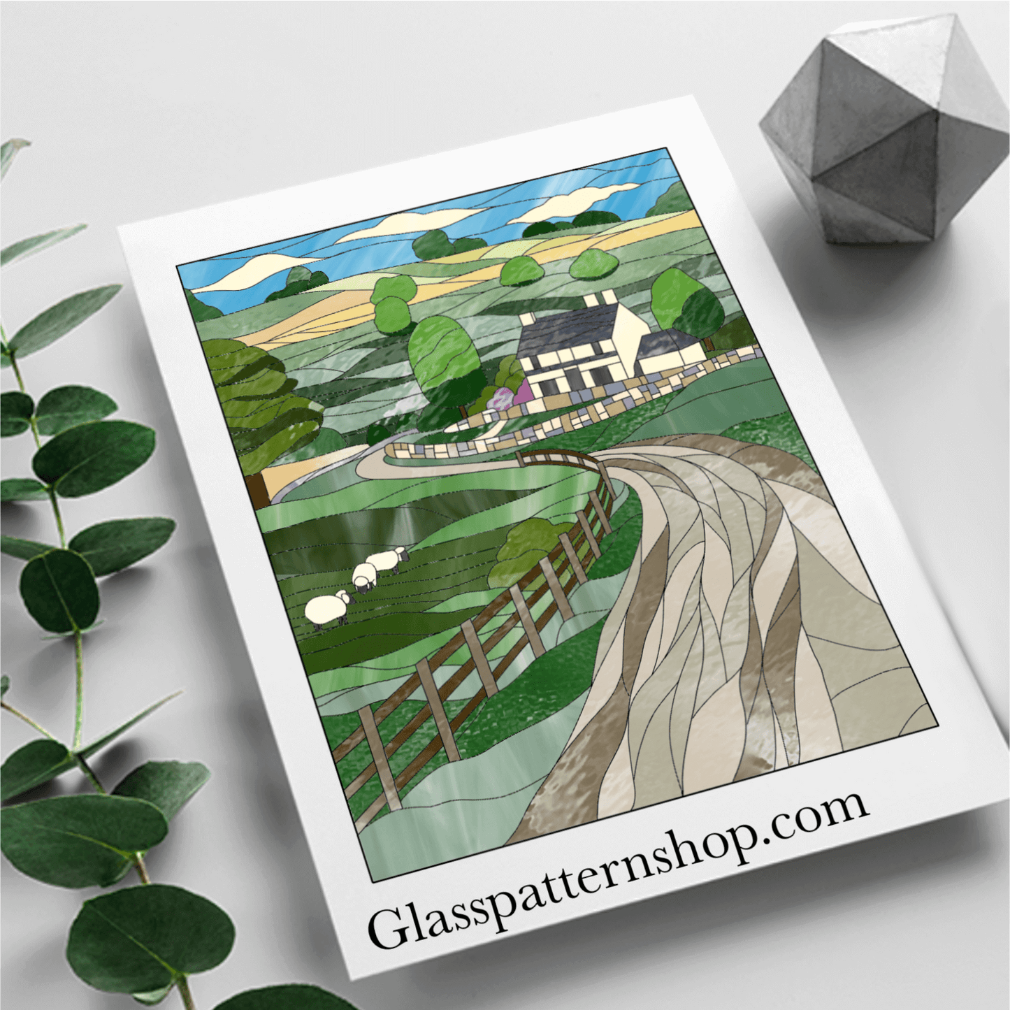 Countryside cottage stained glass printable pattern – digital download in PNG, PDF, JPEG, SVG formats. An intricate design of a cottage set in the countryside.