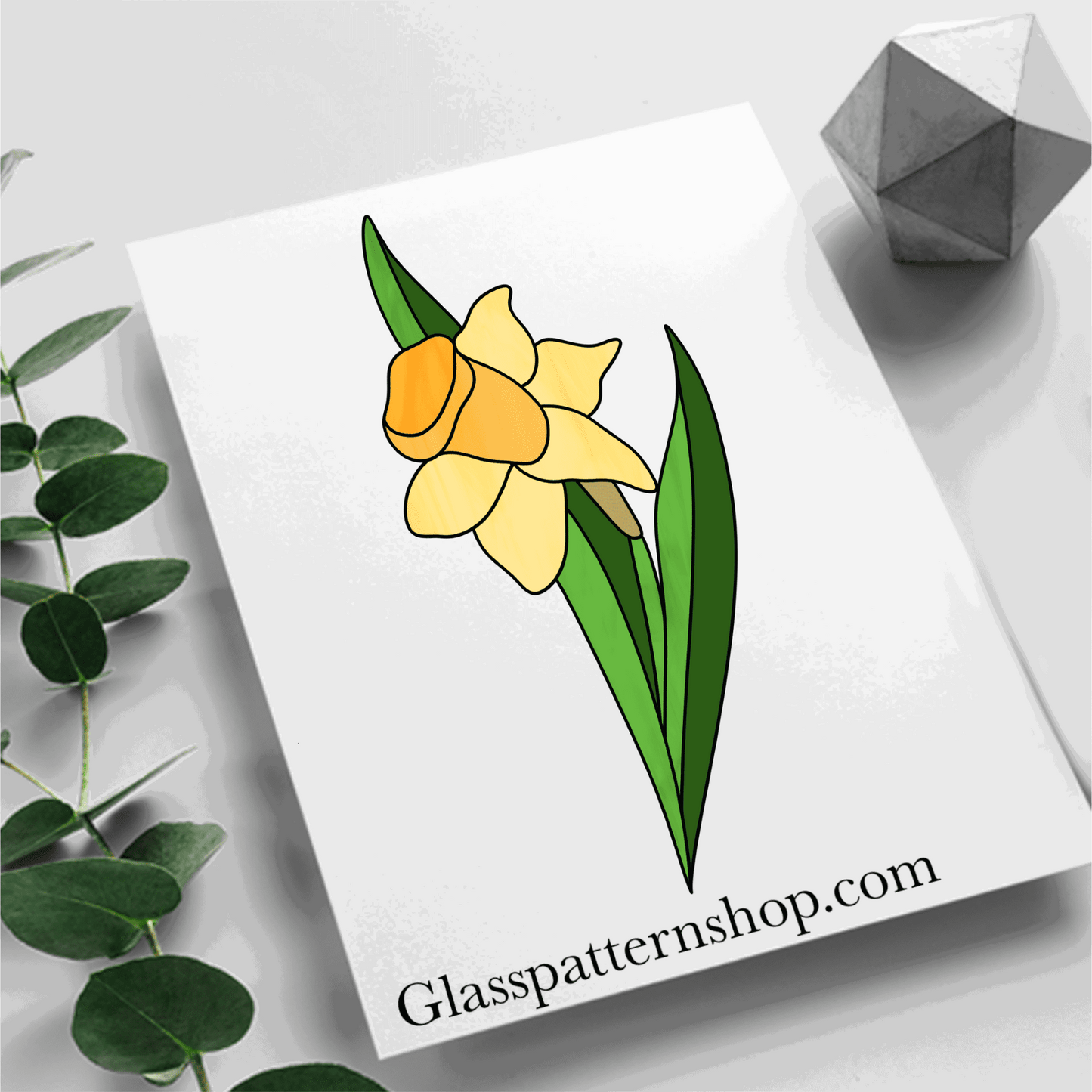 Stained glass daffodil suncatcher pattern – printable digital design for crafting vibrant floral stained glass art.