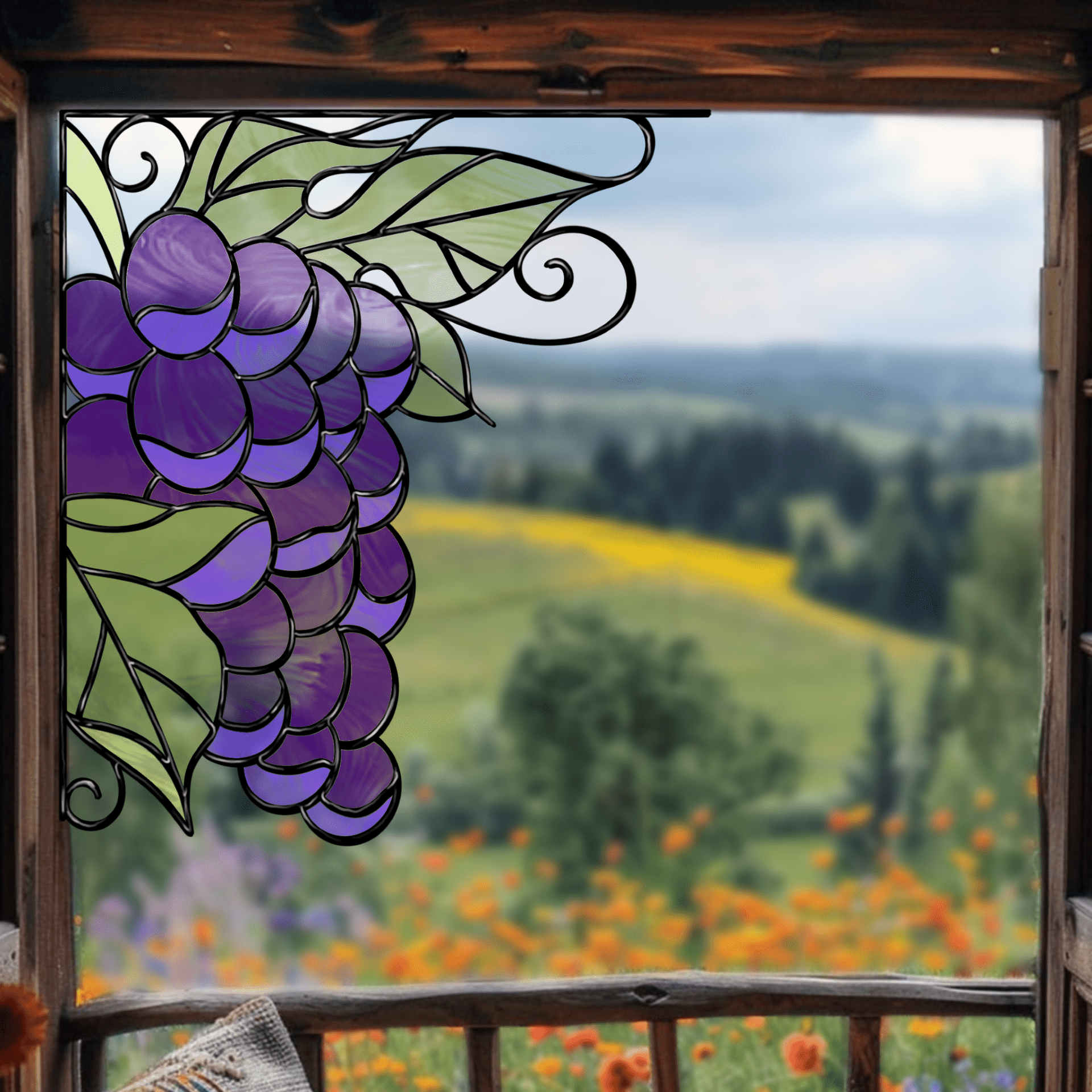 A stained glass pattern featuring a cluster of grapes with vines, designed as a corner panel for customisable stained glass projects.