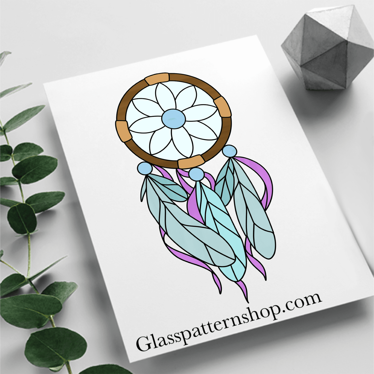 Boho dream catcher stained glass pattern digital download for suncatcher, window hanging, or wall art – printable and resizable glass art template in SVG, PNG, PDF, JPEG formats.