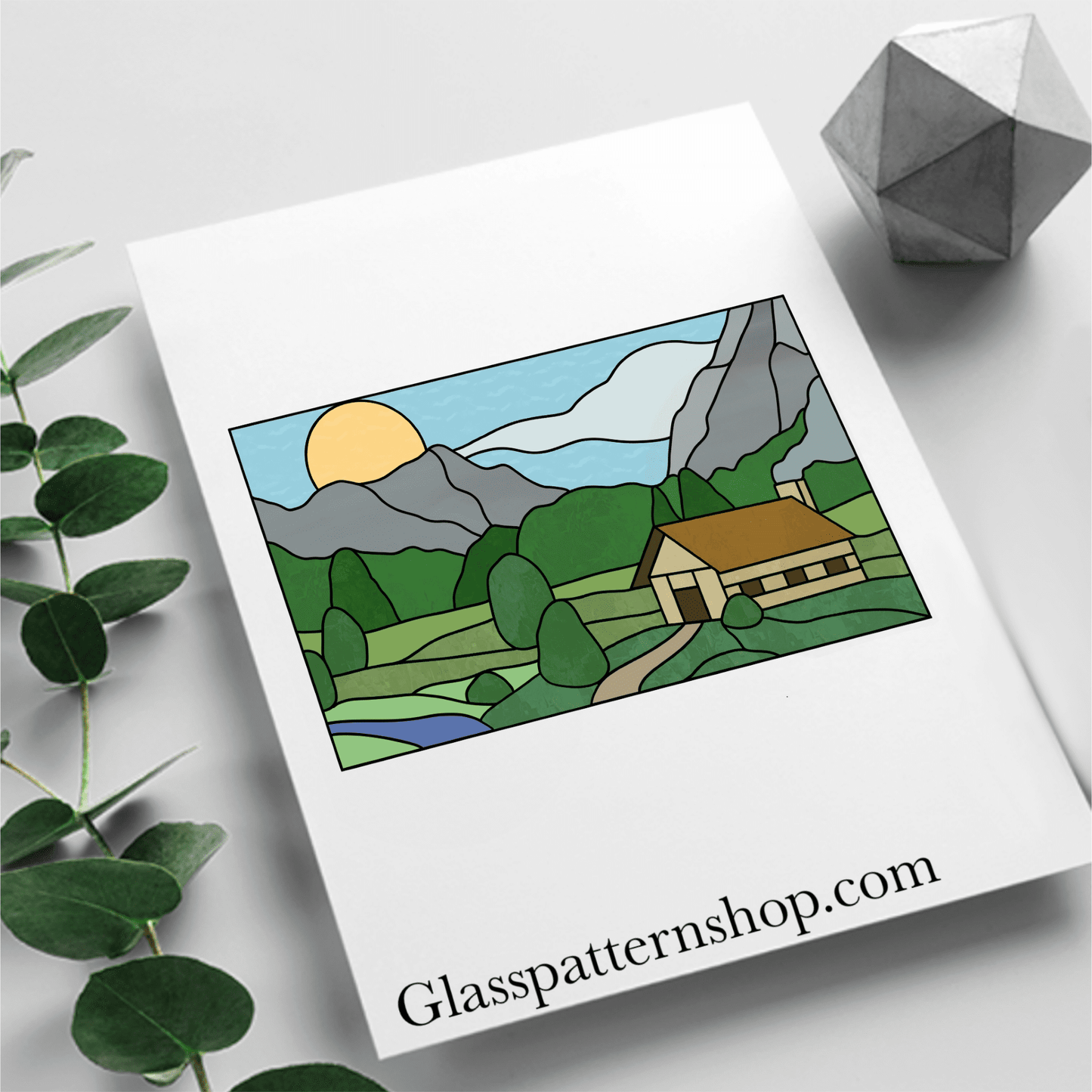 Stained glass pattern of a countryside homestead with fields – printable digital design in SVG, PNG, PDF, and JPG formats.