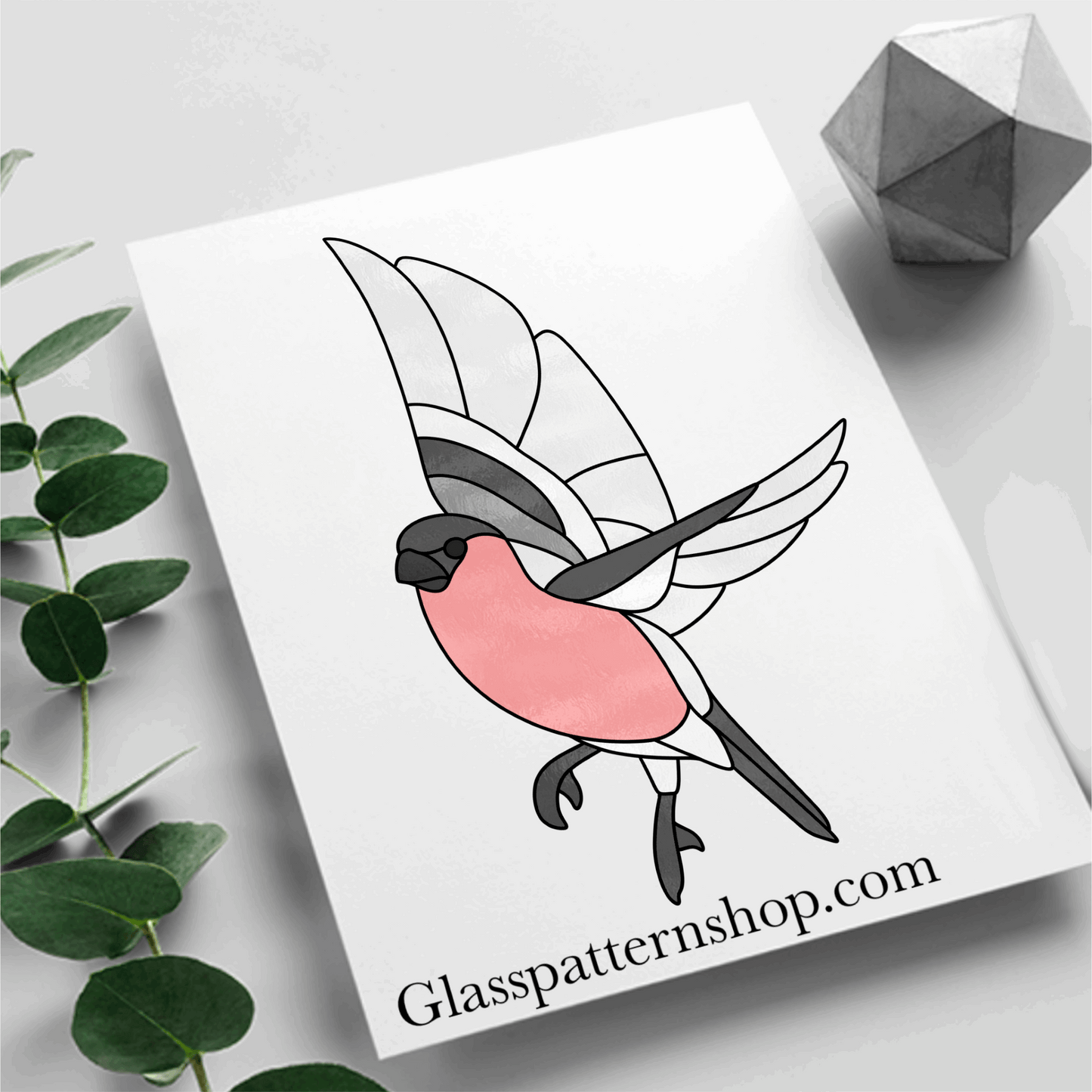 Bullfinch stained glass pattern featuring a detailed outline of a bullfinch in flight. Digital download for suncatchers, window panels, and stained glass projects.