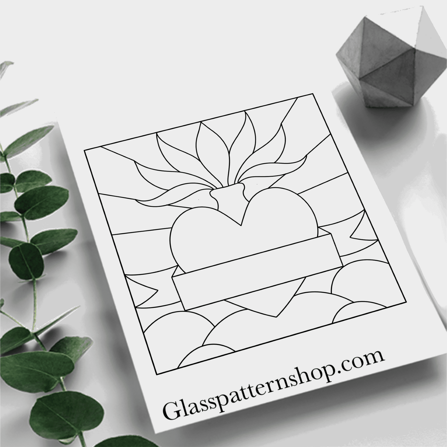 Flaming heart stained glass pattern digital download for shadow box frames, unique heart and flame design, perfect for glowing illuminated stained glass projects.