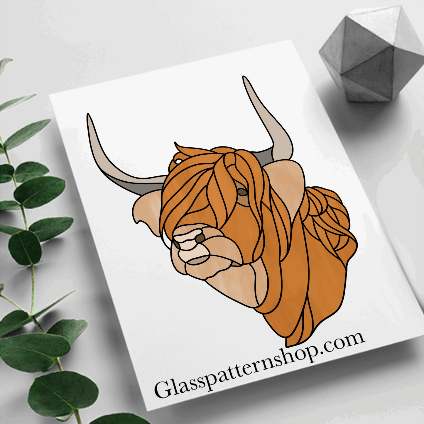 Highland Cow Head stained glass pattern - digital download, resizable and customizable for various projects