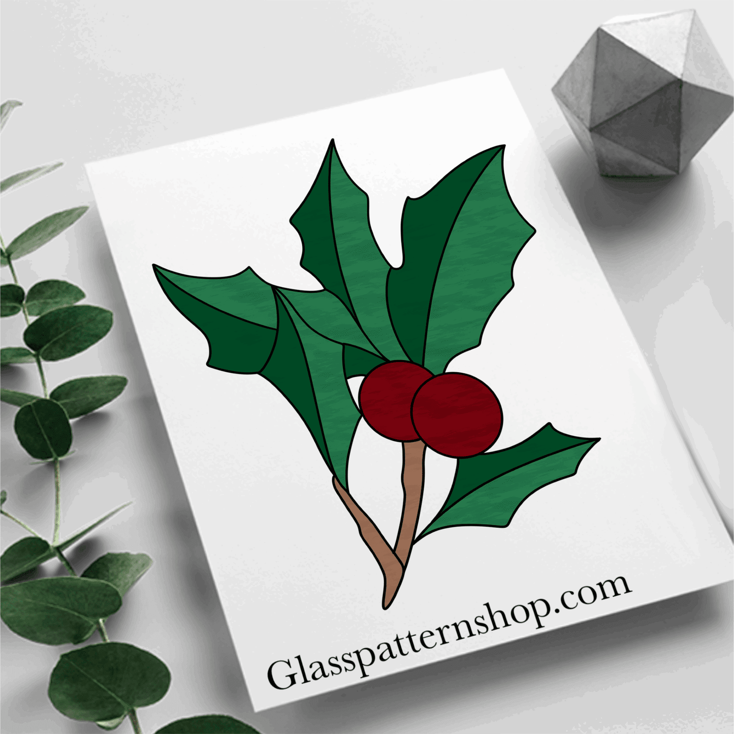 Holly Suncatcher Stained Glass Printable Pattern – A festive floral design for stained glass projects.