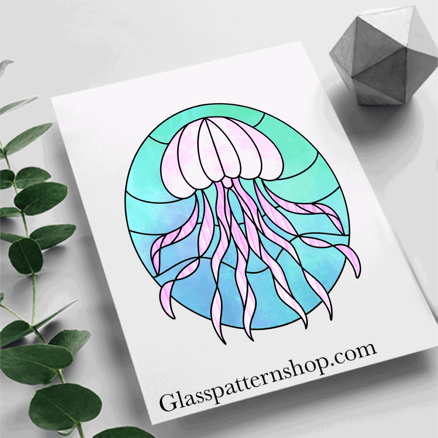 Jellyfish stained glass printable pattern – digital download in PNG, PDF, JPEG, SVG formats, featuring a graceful jellyfish design perfect for stained glass projects.