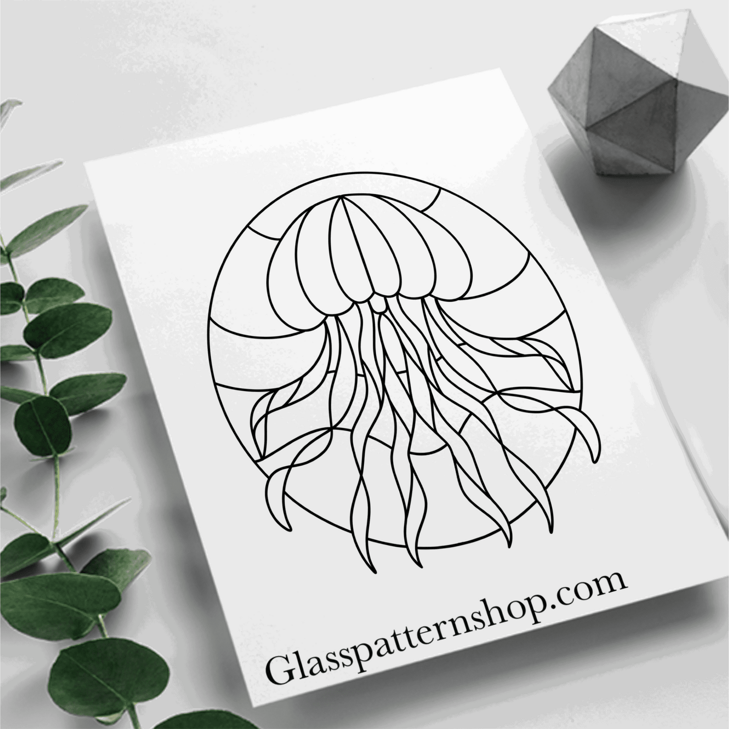 Jellyfish stained glass printable pattern – digital download in PNG, PDF, JPEG, SVG formats, featuring a graceful jellyfish design perfect for stained glass projects.
