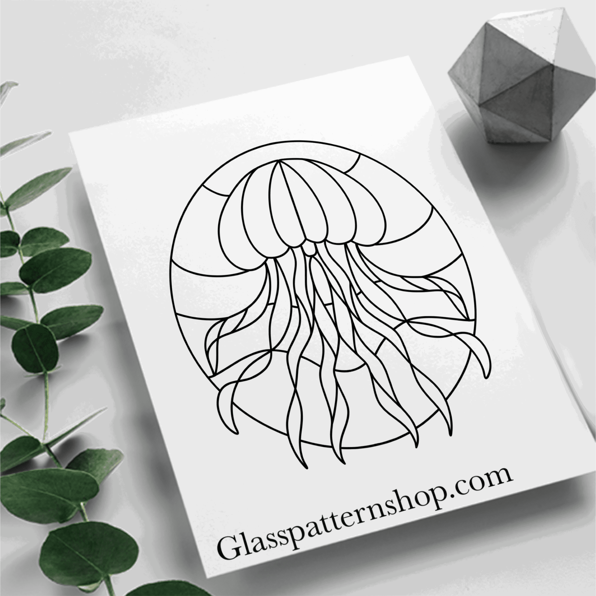 Jellyfish stained glass printable pattern – digital download in PNG, PDF, JPEG, SVG formats, featuring a graceful jellyfish design perfect for stained glass projects.
