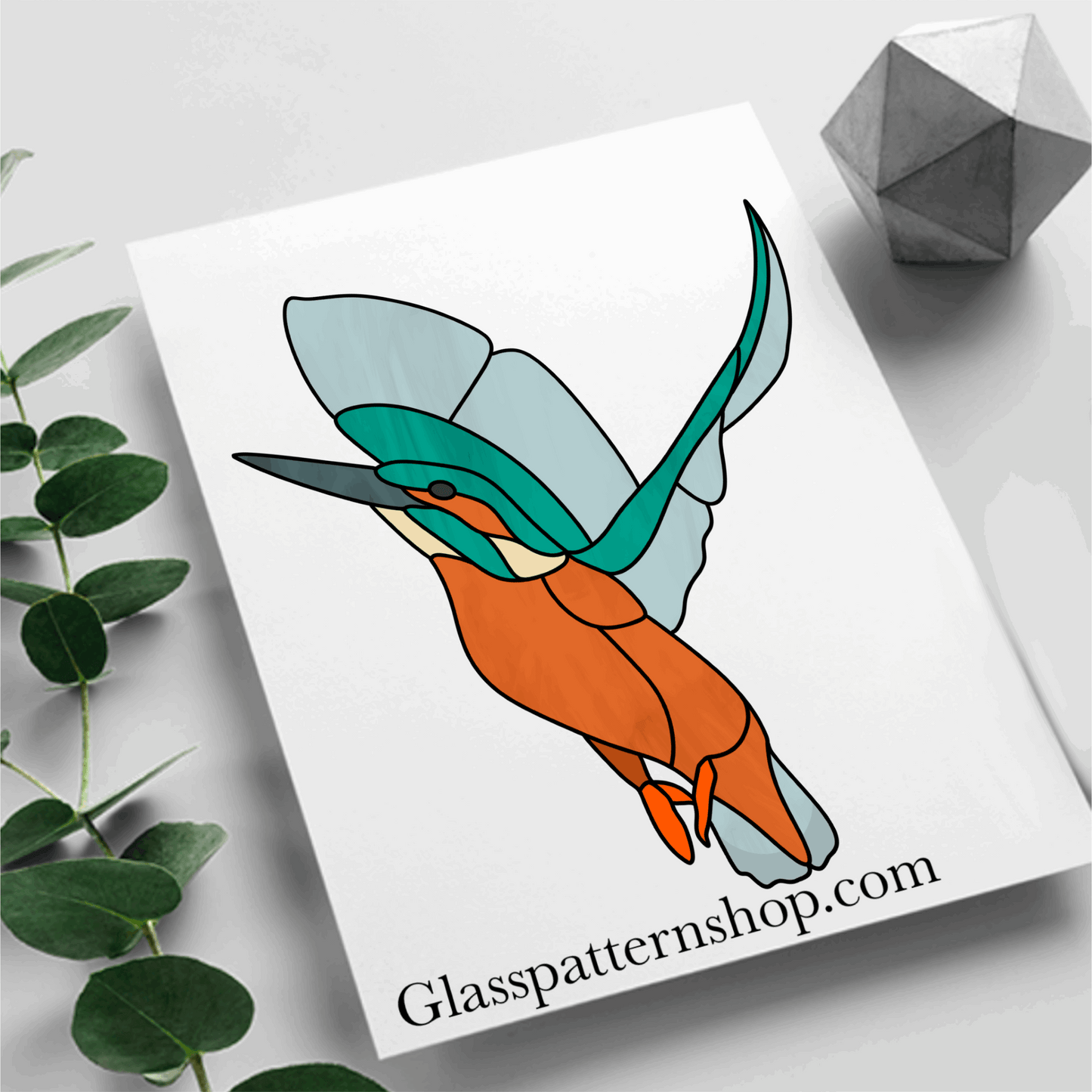 A vibrant stained glass pattern of a Kingfisher in flight, ideal for suncatchers and decorative panels.