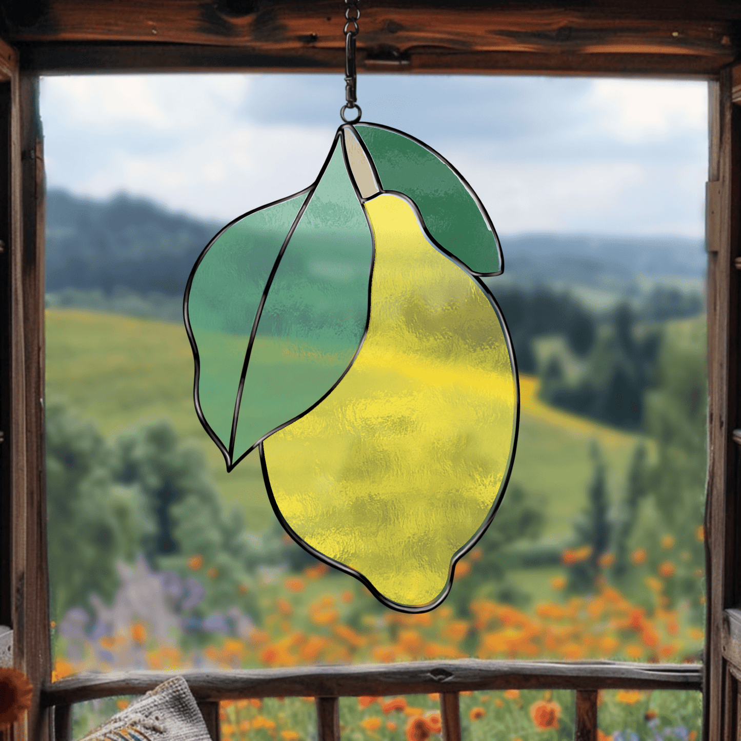 A stained glass pattern featuring a lemon with detailed leaves, designed for customisable and vibrant stained glass projects.