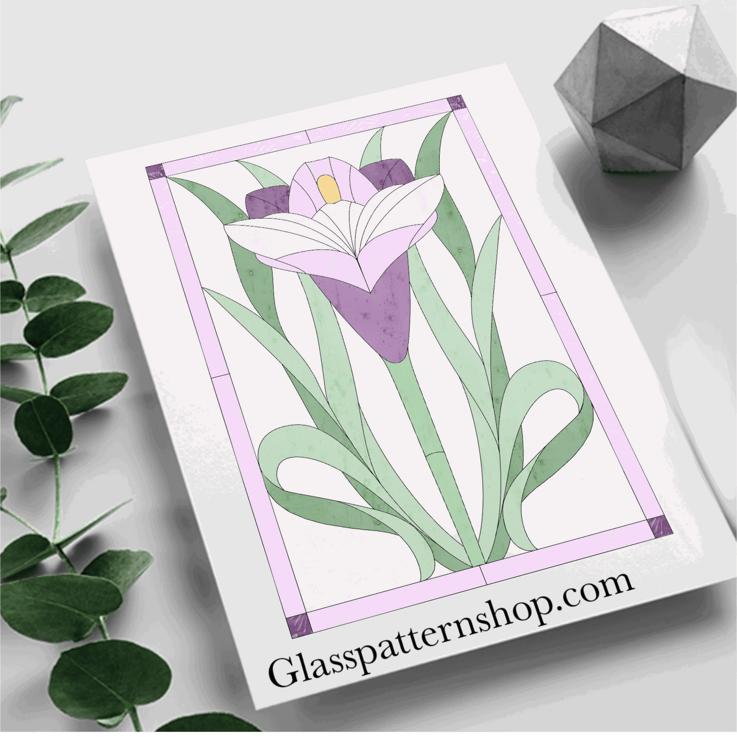 Stained glass pattern of a lily in full bloom, ideal for decorative panels and floral-themed projects. Digital download includes PNG, PDF, JPEG, and SVG formats for customization.