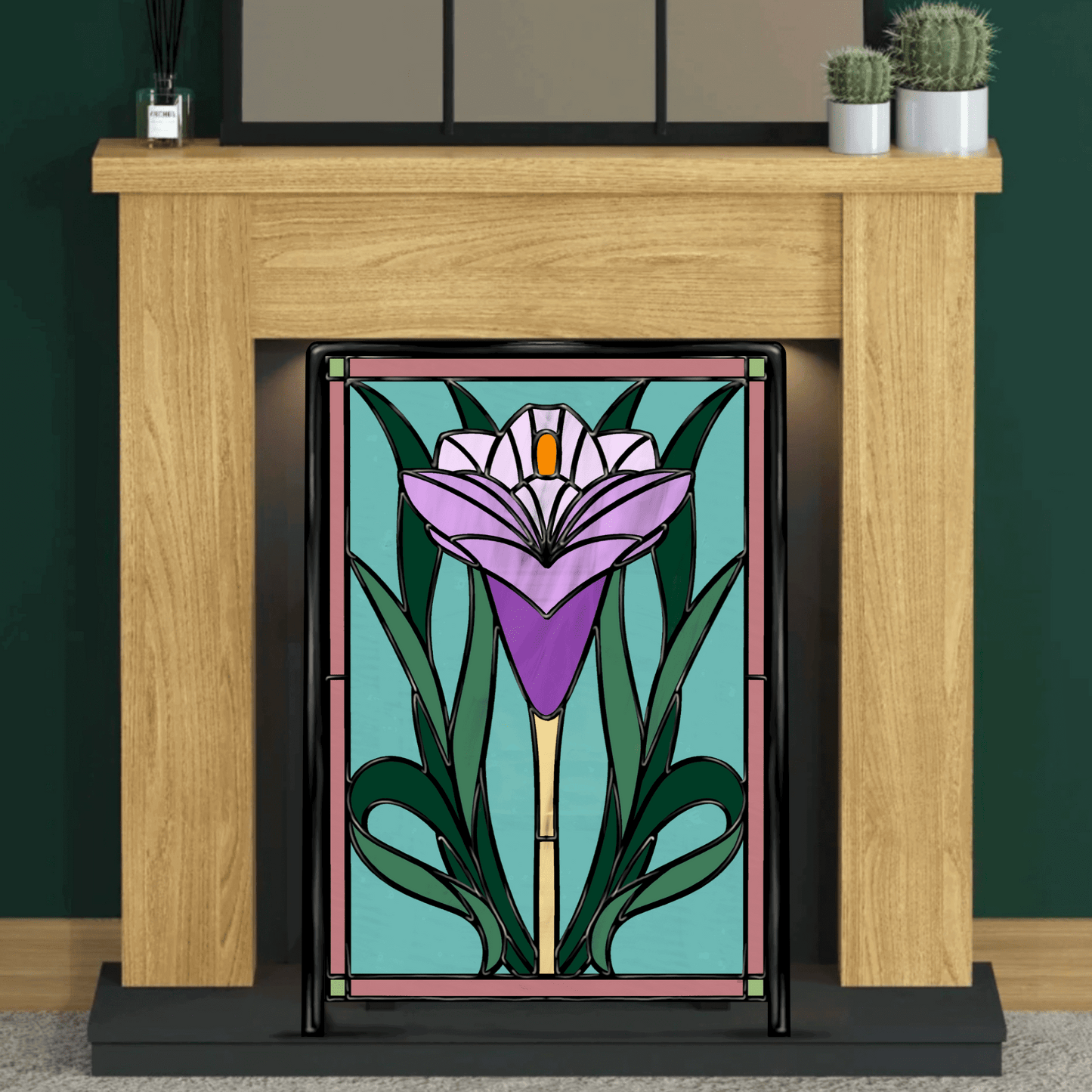 Stained glass pattern of a lily in full bloom, ideal for decorative panels and floral-themed projects. Digital download includes PNG, PDF, JPEG, and SVG formats for customization.