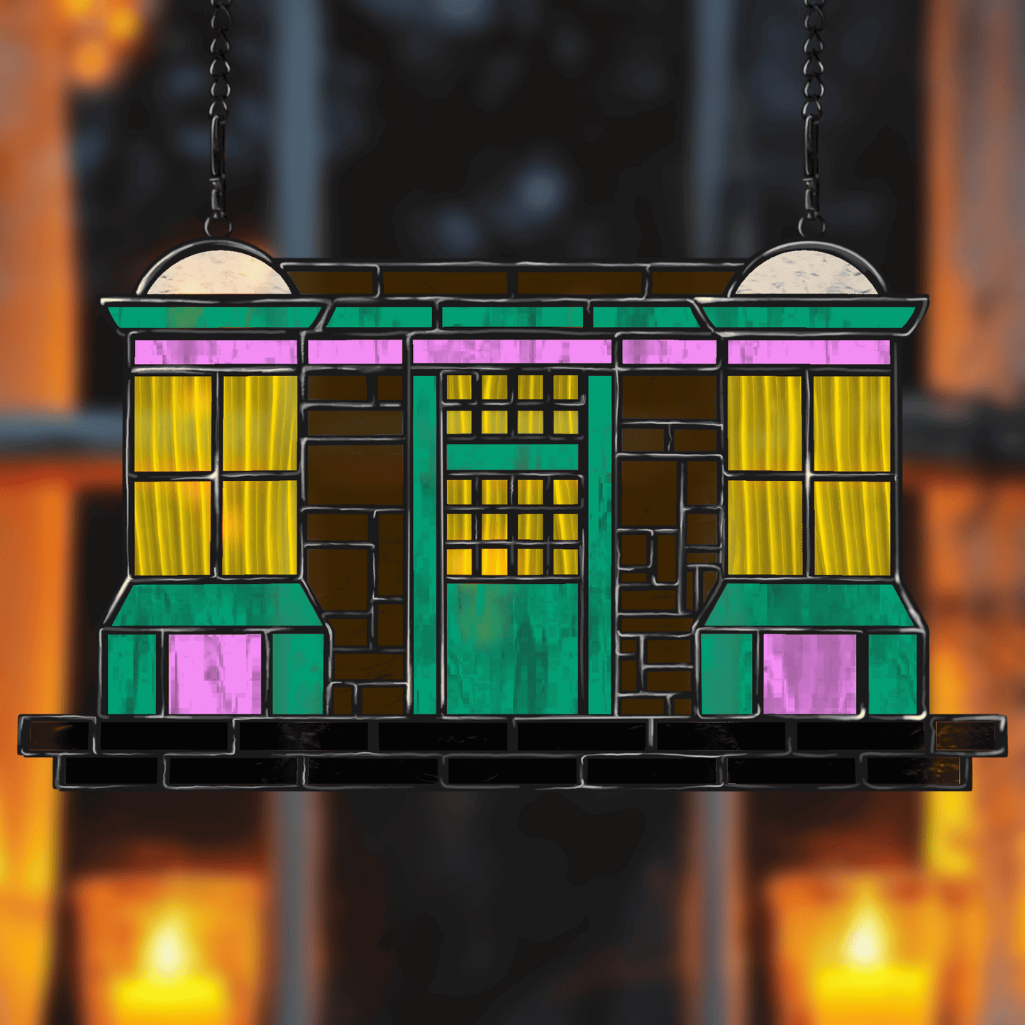 Magical sweet shop front stained glass pattern for digital download. Wizarding theme glass pattern.
