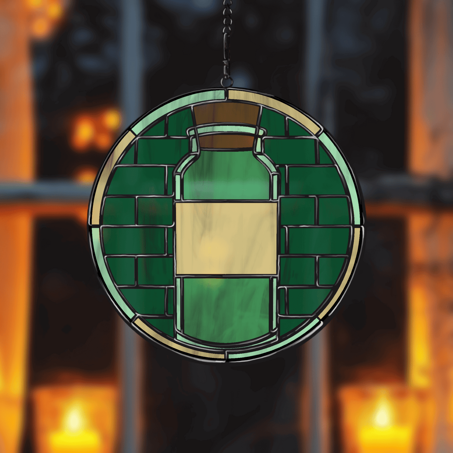 A detailed stained glass pattern of a potion bottle design, featuring intricate lines and shapes to create a magical glass art piece. The design is suitable for various stained glass projects such as suncatchers, window panels, or decorative glass pieces. The digital download is available in multiple formats like PNG, PDF, JPEG, and SVG for easy customization and printing, allowing you to personalize your project with your favorite glass colors and textures.