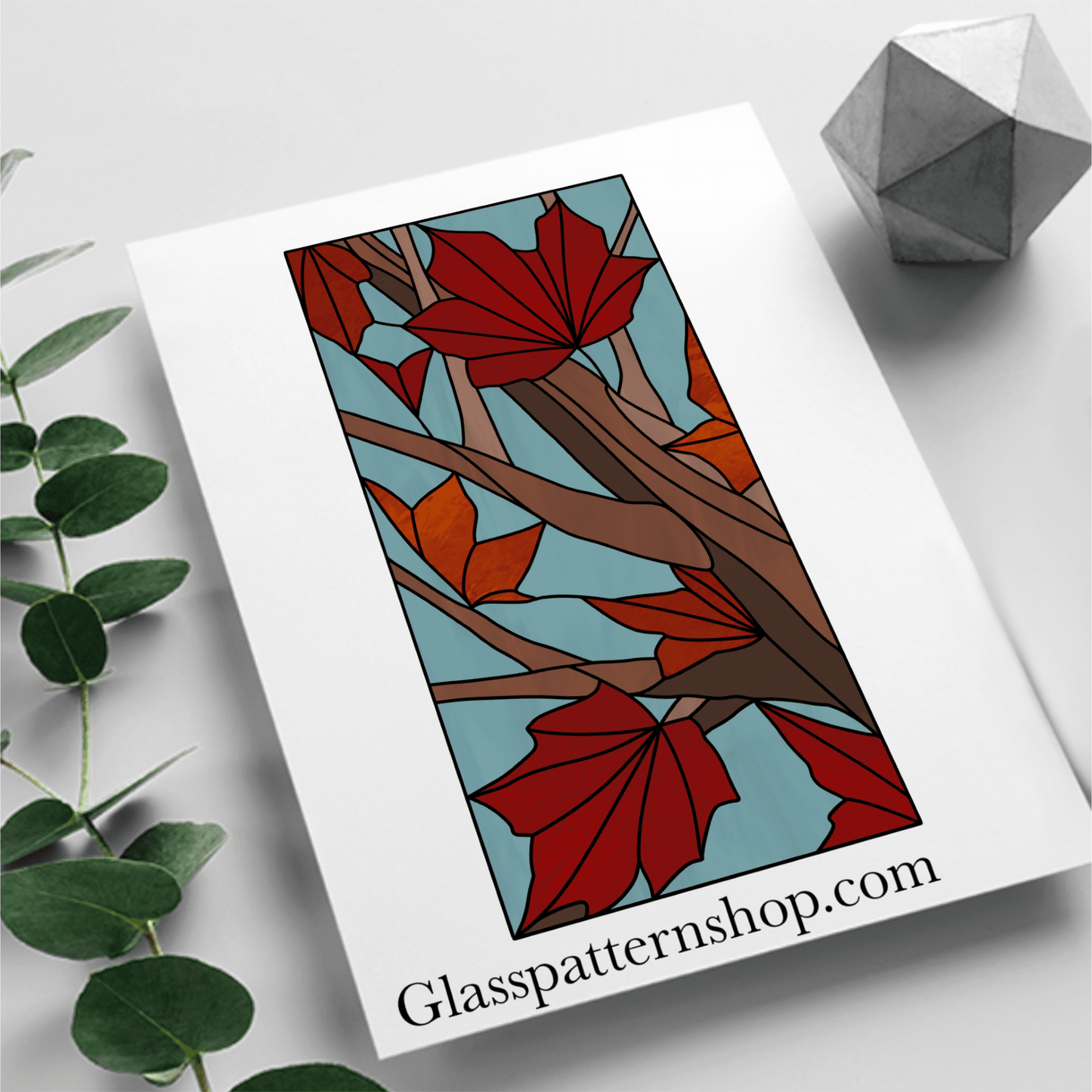 Maple leaves stained glass panel pattern – printable fall window design for digital crafting