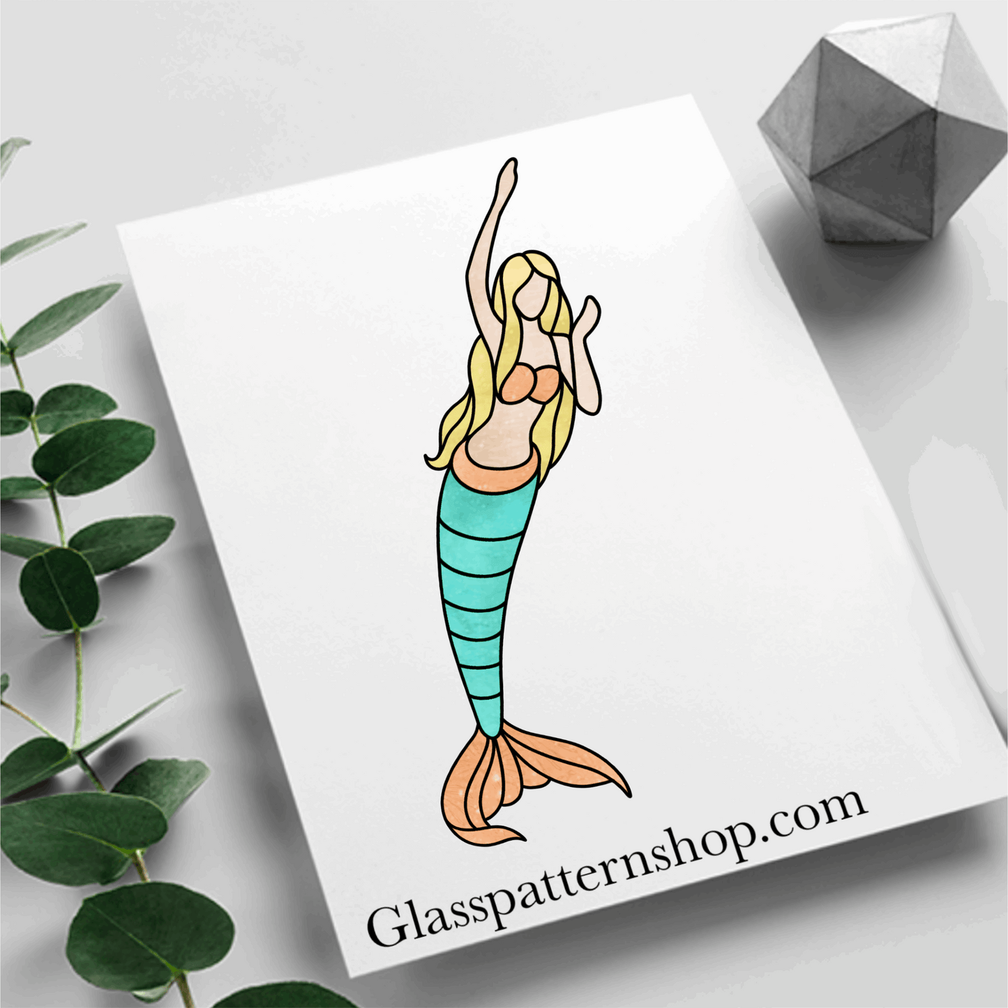 Downloadable Mermaid Stained Glass Pattern, ideal for stained glass projects of all sizes, from ornaments to window panels. Comes in resizable PNG, PDF, JPEG, and SVG formats.
