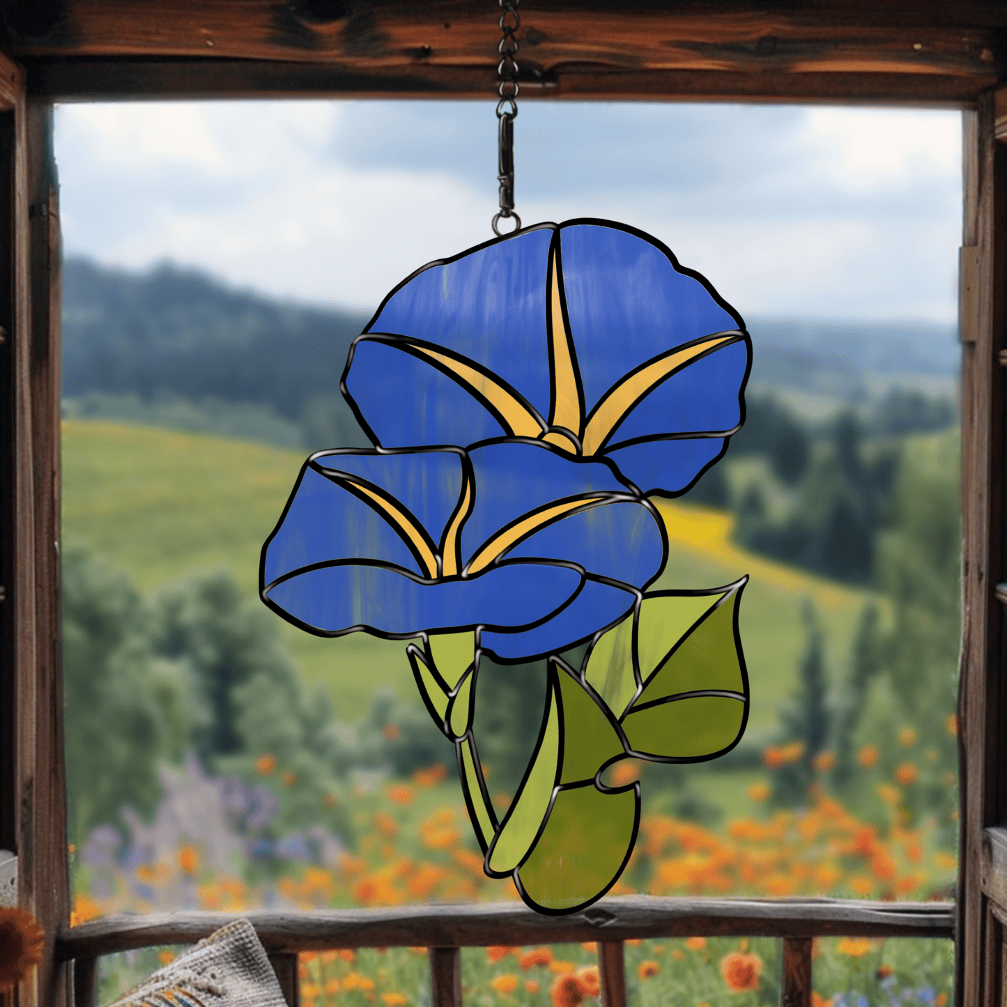 Morning Glory stained glass suncatcher pattern – digital download. Printable outline design for stained glass projects, resizable and customizable.