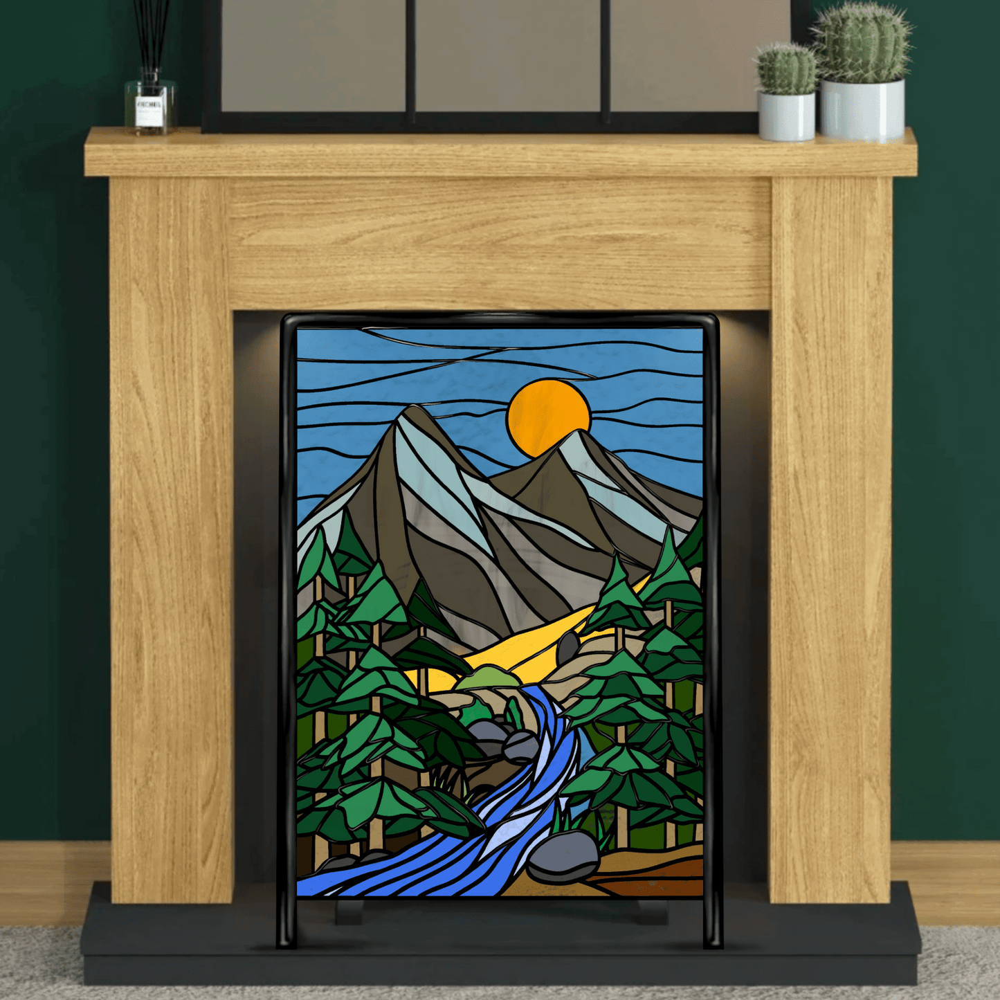 Mountain and river stained glass printable pattern – digital download in PNG, PDF, JPEG, SVG formats. A scenic design featuring mountains and a flowing river.