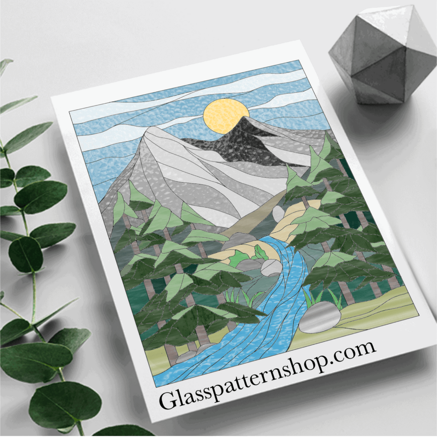 Mountain and river stained glass printable pattern – digital download in PNG, PDF, JPEG, SVG formats. A scenic design featuring mountains and a flowing river.