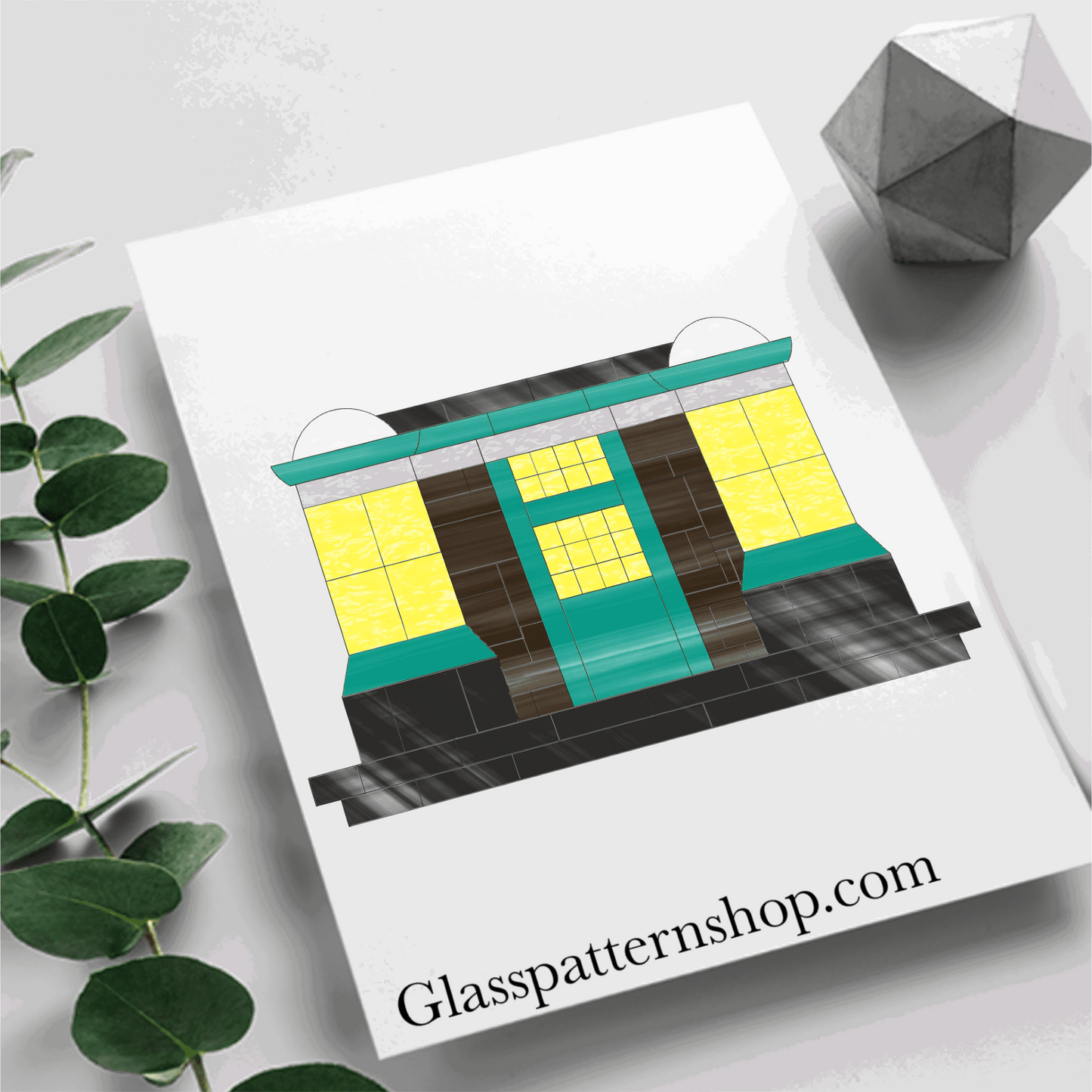 Magical sweet shop front stained glass pattern for digital download, featuring an intricate design of a charming storefront with architectural details, perfect for creating stained glass art projects.