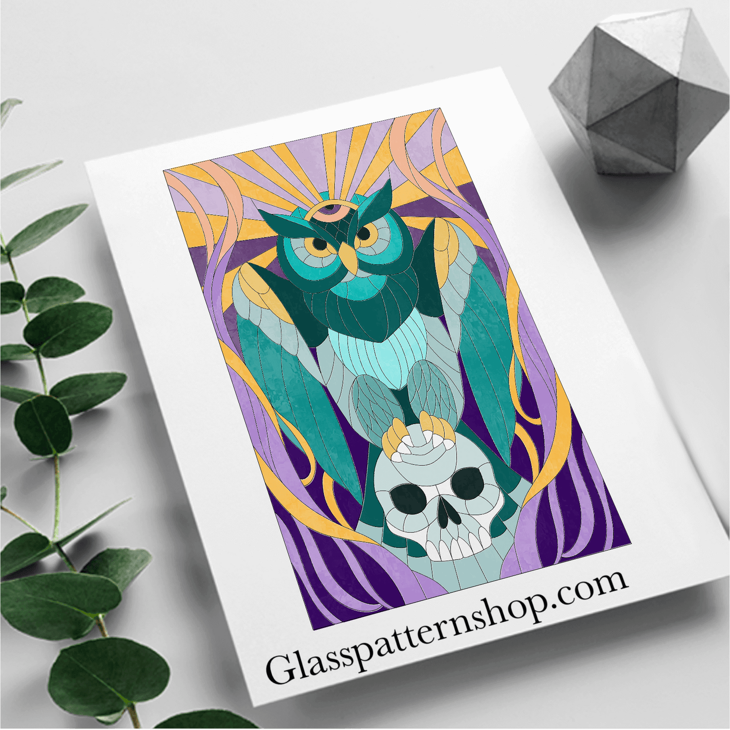 Owl and skull stained glass printable pattern – digital download in PNG, PDF, JPEG, SVG formats. A unique design featuring an owl perched on a stylized skull.