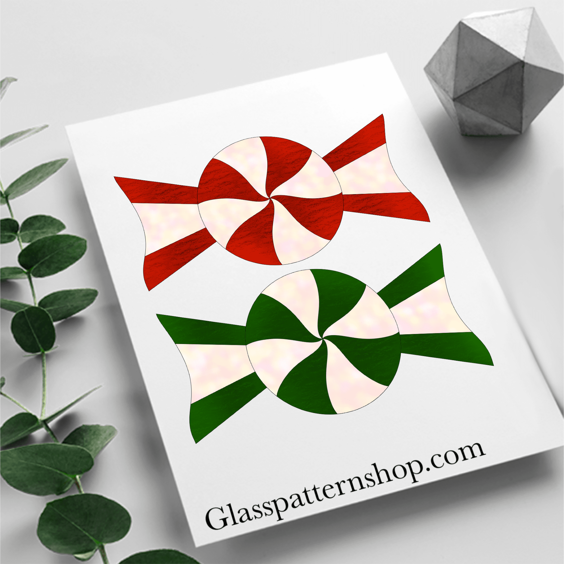 Digital stained glass pattern featuring candy peppermint sweets, perfect for holiday or festive designs