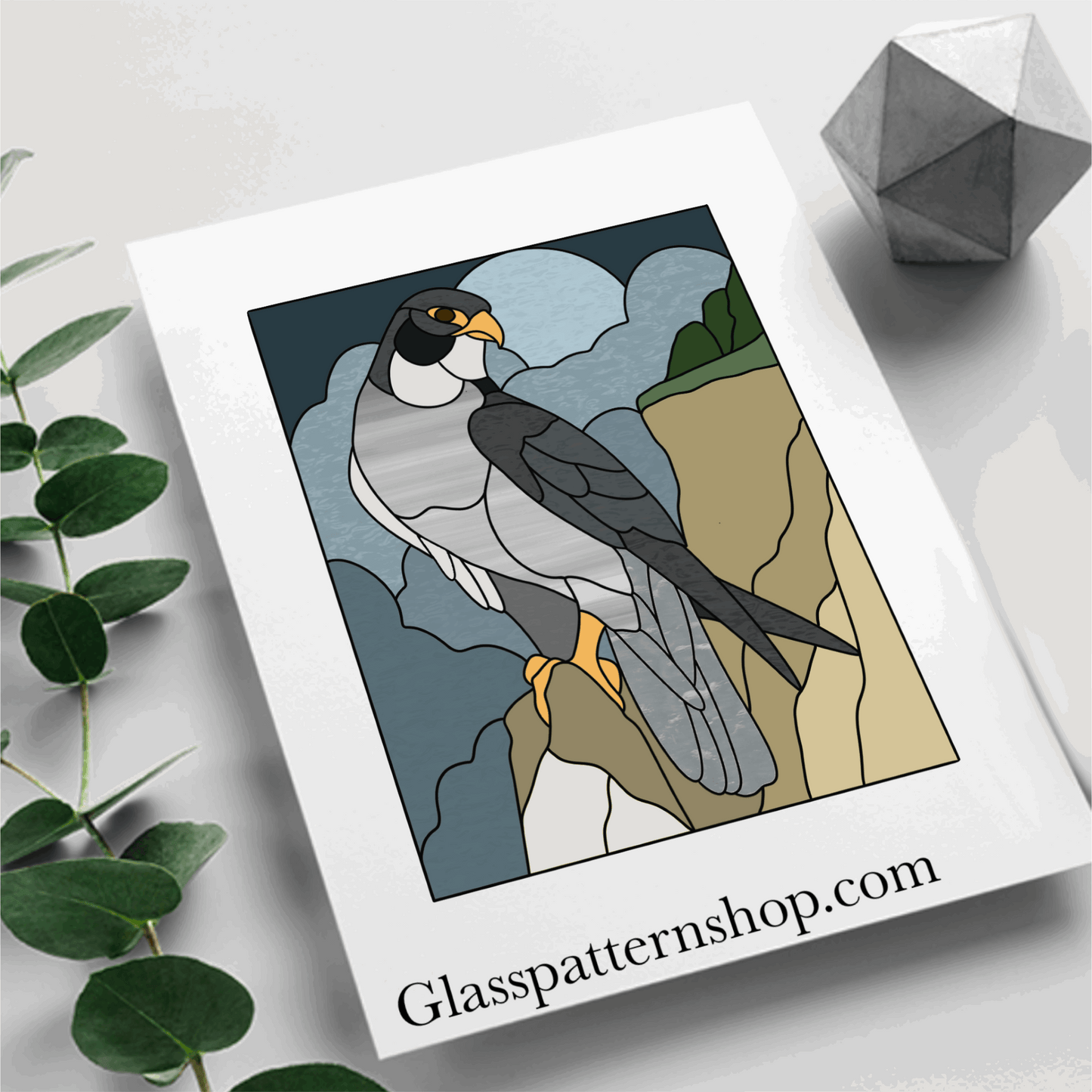 Peregrine Falcon stained glass pattern – a digital design featuring the majestic bird of prey. Ideal for creating suncatchers or window panels. Instant download available in PNG, PDF, JPEG, and SVG.