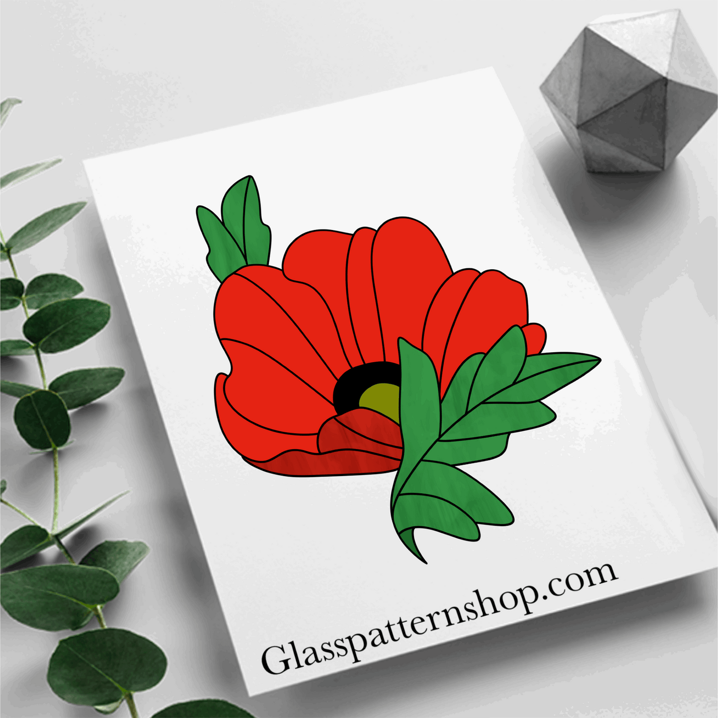 Poppy stained glass suncatcher pattern – digital download. Printable outline design for stained glass projects, resizable and customizable.