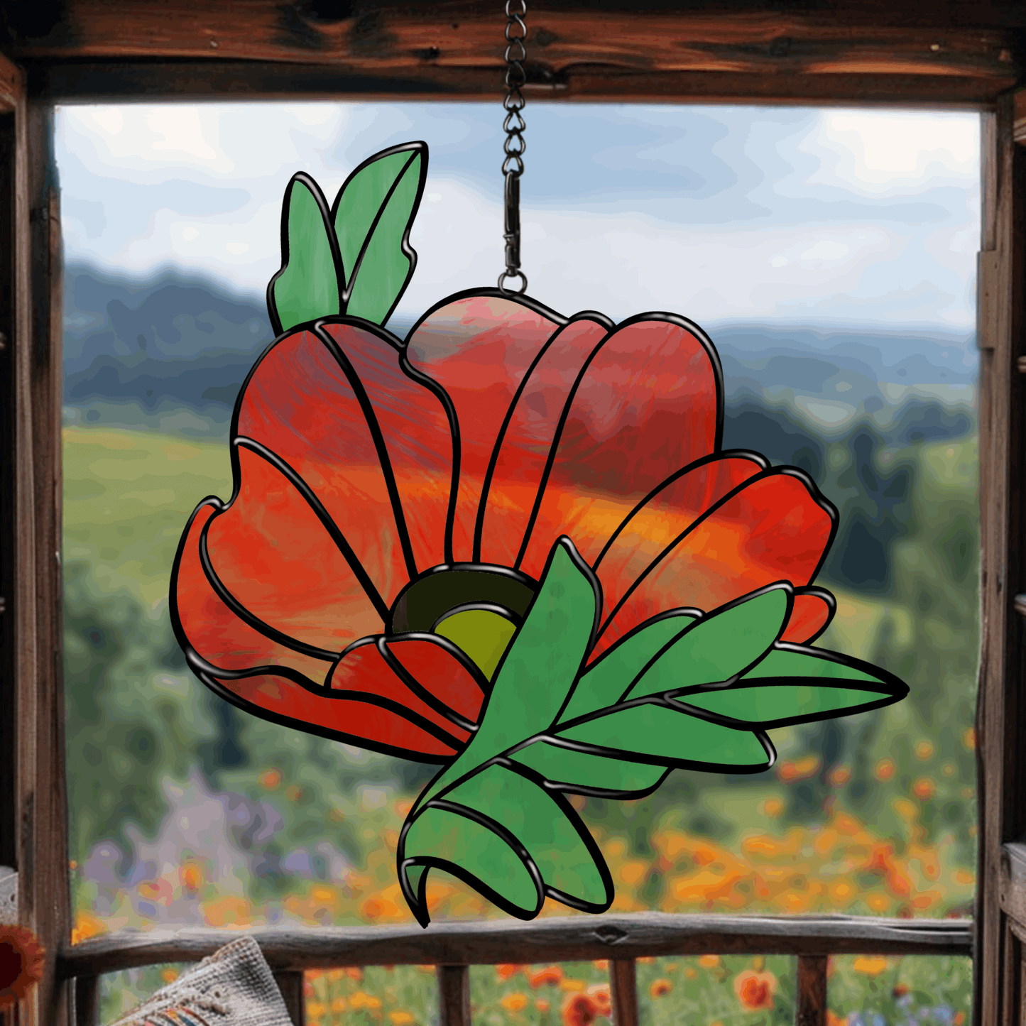 Poppy stained glass suncatcher pattern – digital download. Printable outline design for stained glass projects, resizable and customizable.