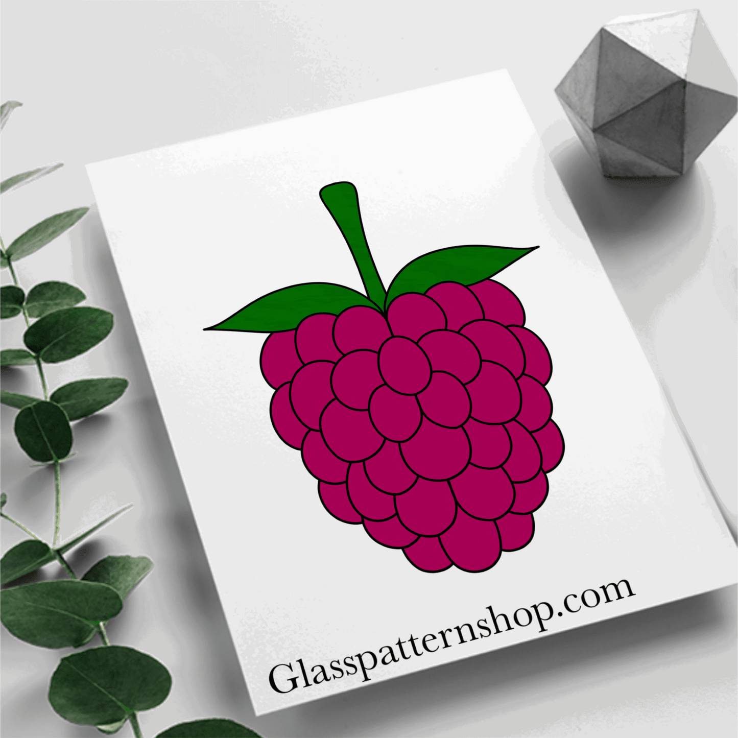 A stained glass pattern featuring a raspberry with detailed leaves, designed for vibrant and customisable stained glass projects.