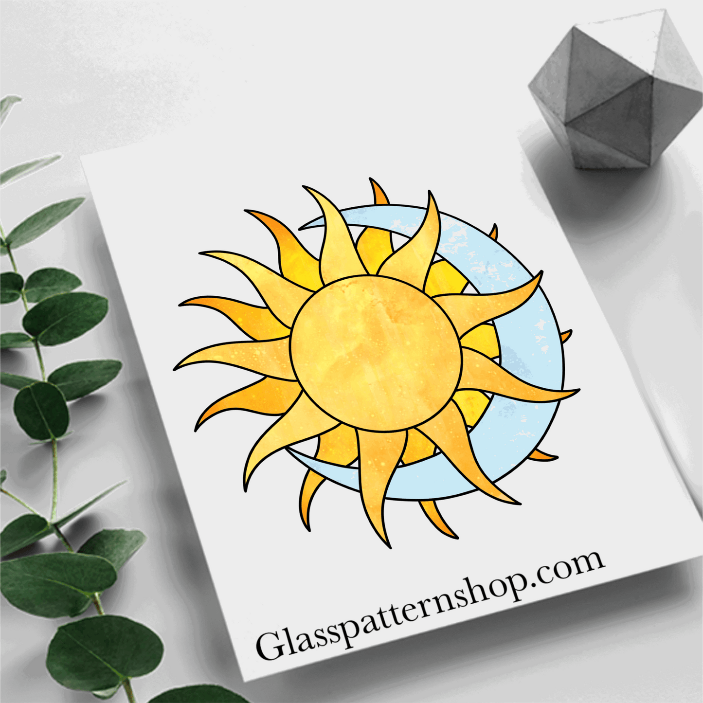 Celestial sun and moon suncatcher stained glass pattern, bright and whimsical design.