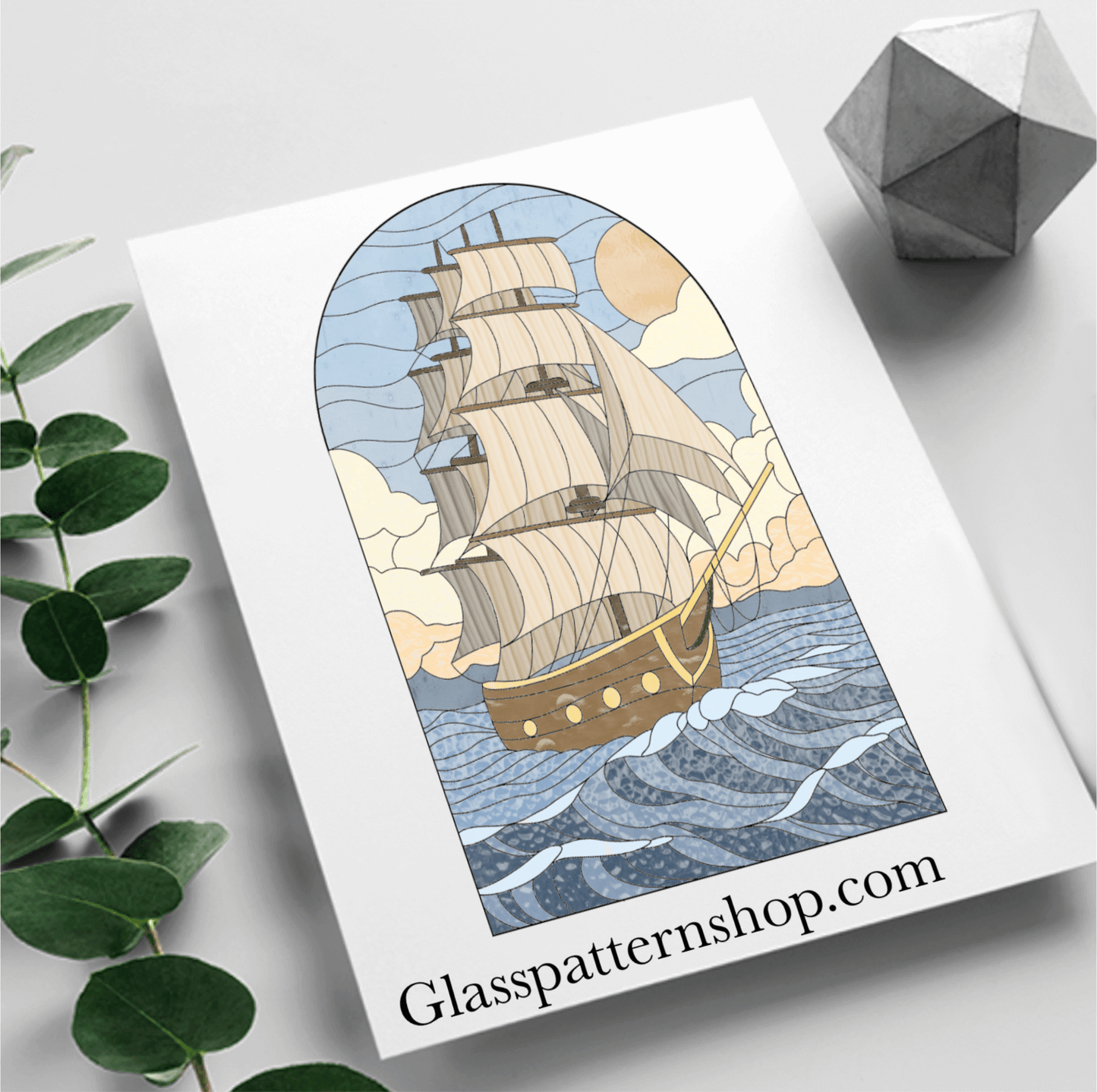 Ship on the sea stained glass printable pattern – digital download in PNG, PDF, JPEG, SVG formats. An intricate design depicting a ship sailing on the sea.