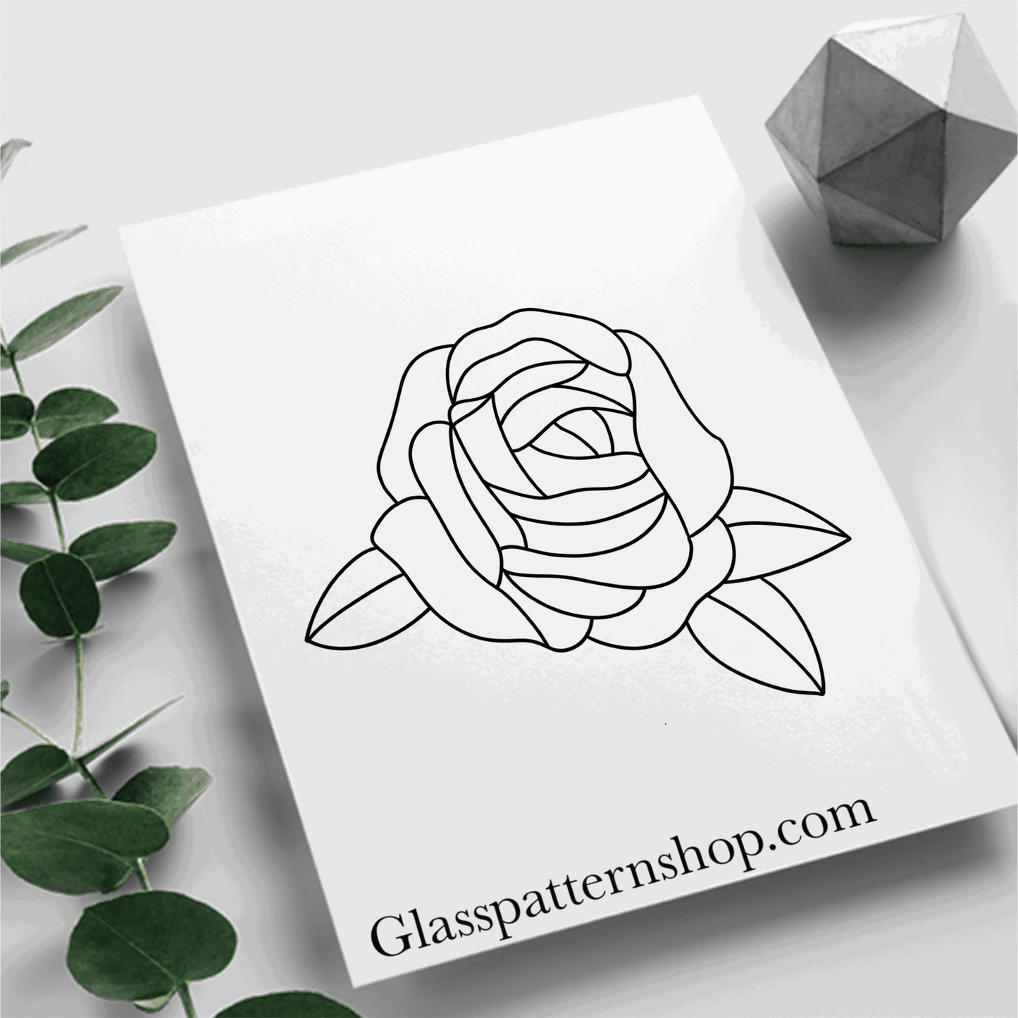 Simple rose suncatcher stained glass printable pattern – digital download in PNG, PDF, JPEG, SVG formats. An elegant design featuring a simplified rose, suitable for all skill levels.