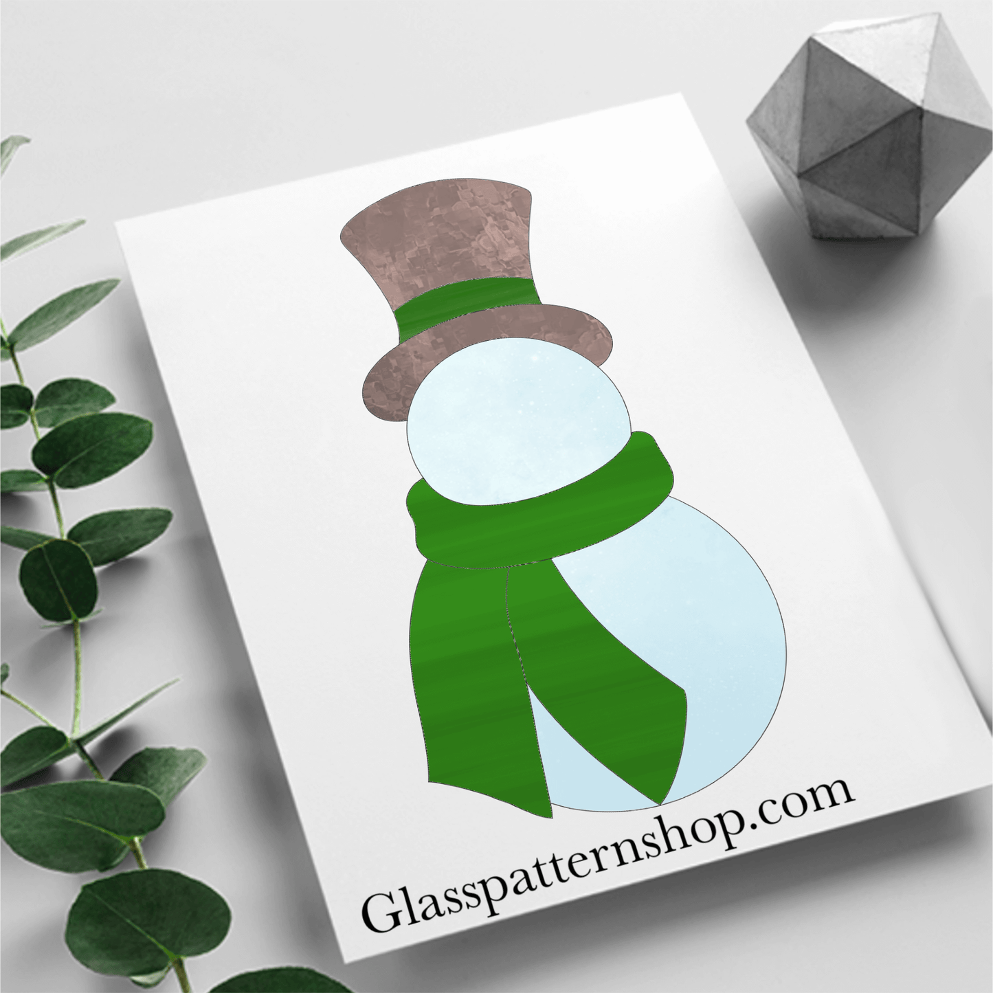 Digital stained glass pattern featuring a cheerful snowman, ideal for winter and holiday-themed designs.
