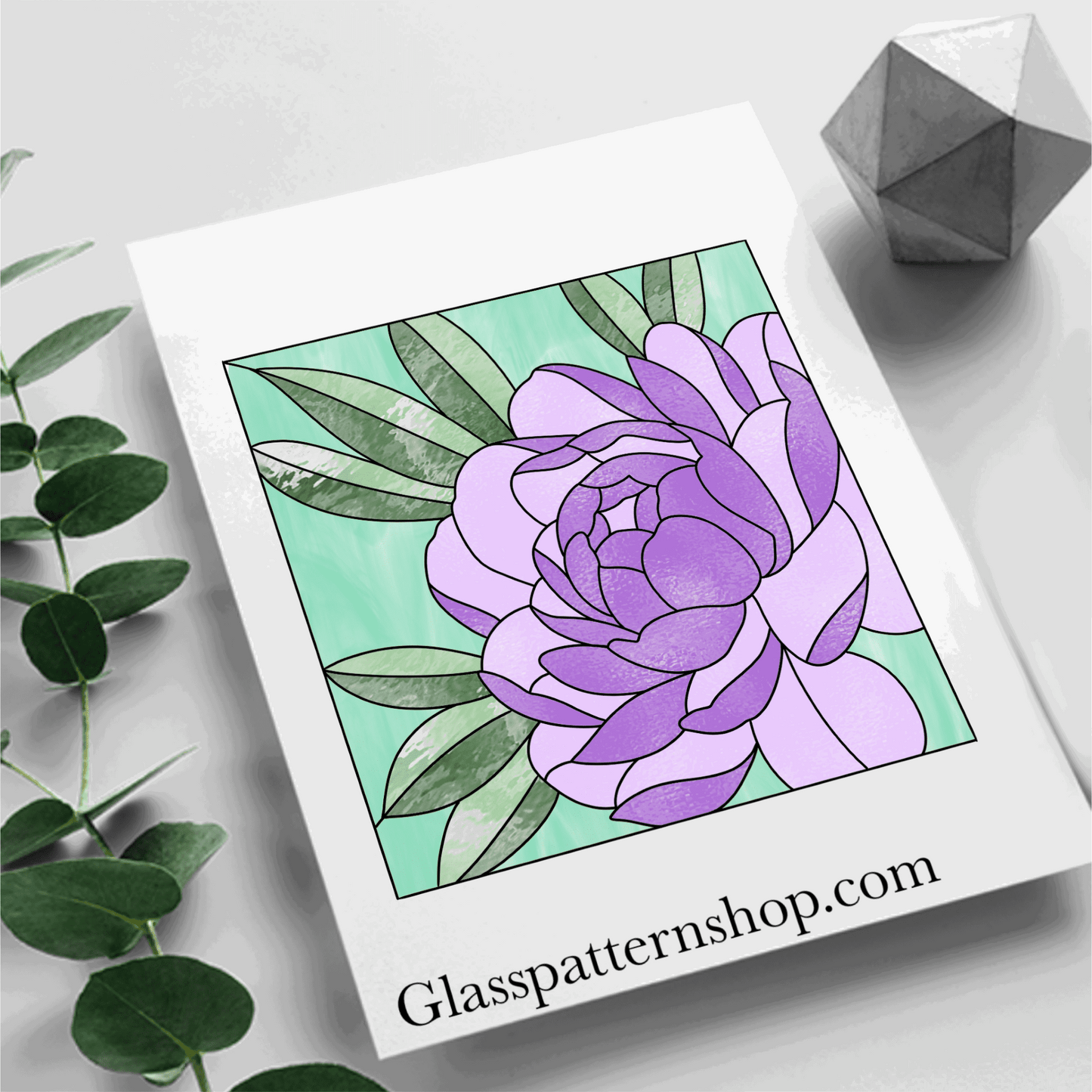 Stained glass pattern of a blooming peony, symbolizing romance and prosperity, designed for artistic and home décor projects.