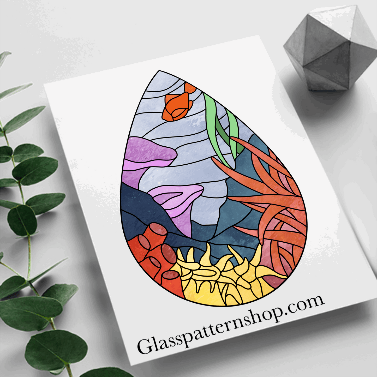 Coral scene in teardrop stained glass pattern, ocean-inspired design for digital download, resizable for stained glass suncatchers or window panels.