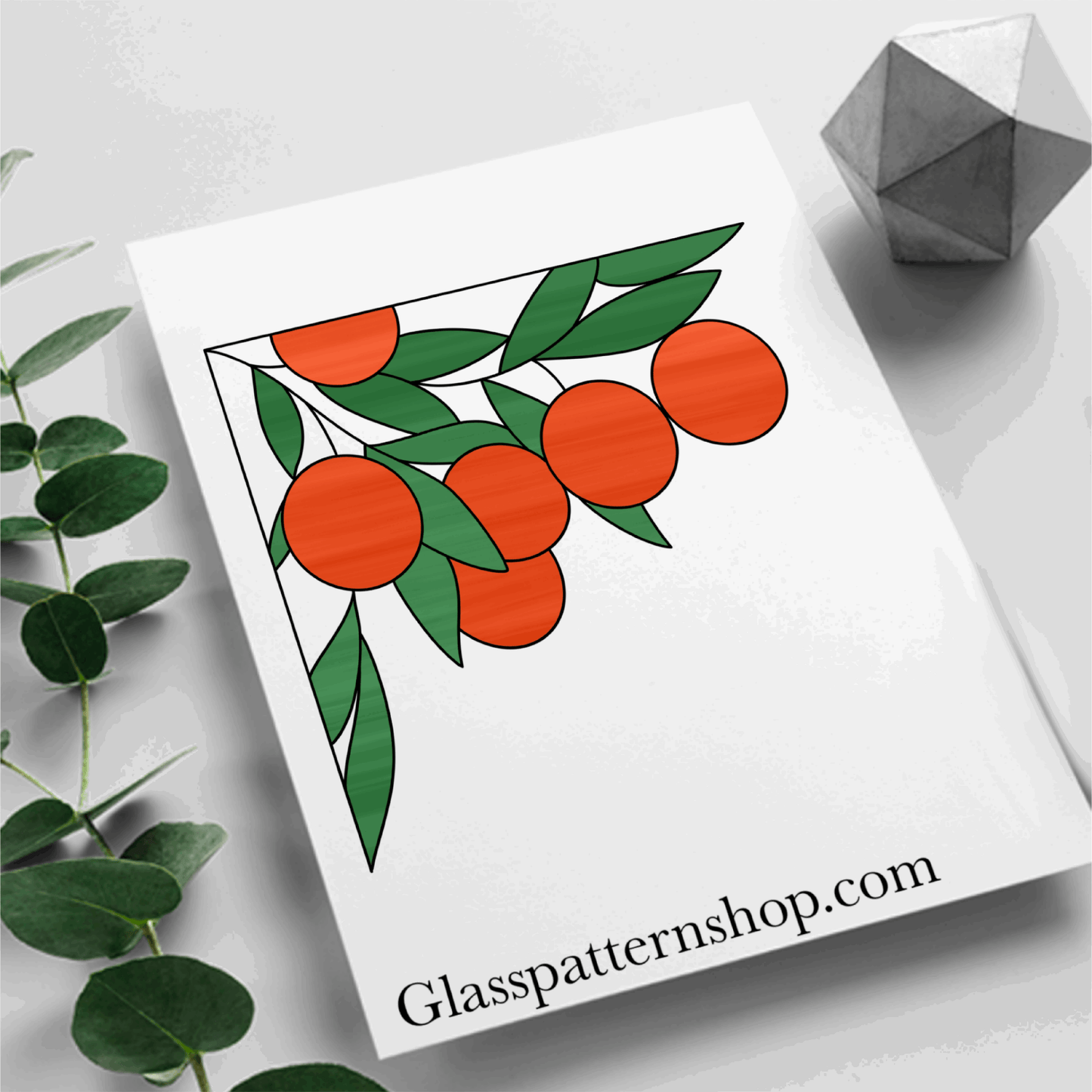 A stained glass pattern featuring a cluster of oranges with leaves and vines, designed as a corner panel for customisable stained glass projects.