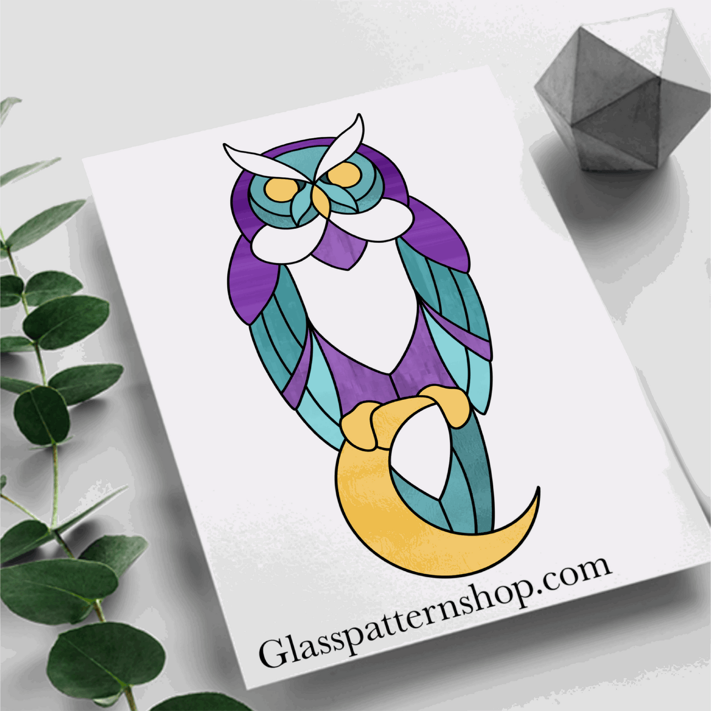 Stained glass pattern of an owl perched on a crescent moon, ideal for suncatchers and decorative panels. Digital download includes PNG, PDF, JPEG, and SVG formats for easy customization.