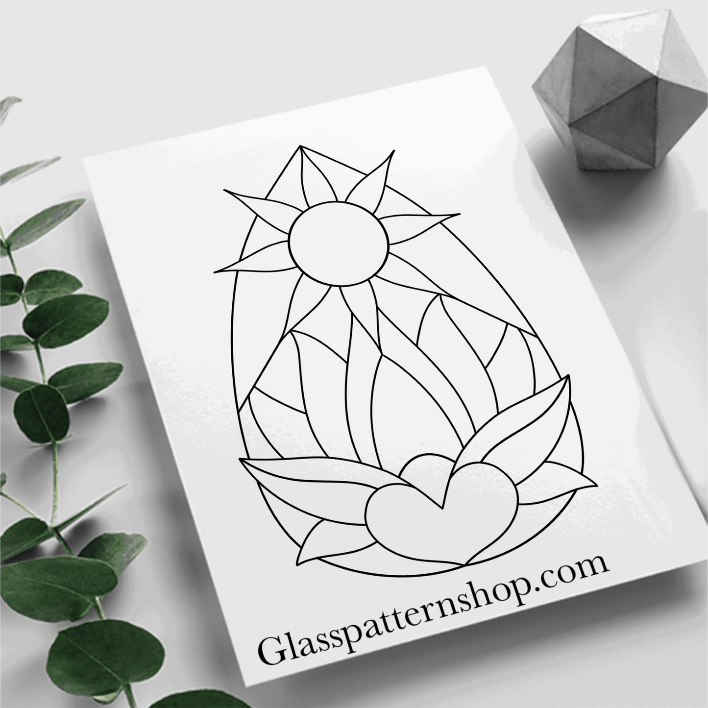 Celestial sun, heart, and lotus flower teardrop shape suncatcher stained glass pattern, unique and vibrant design.