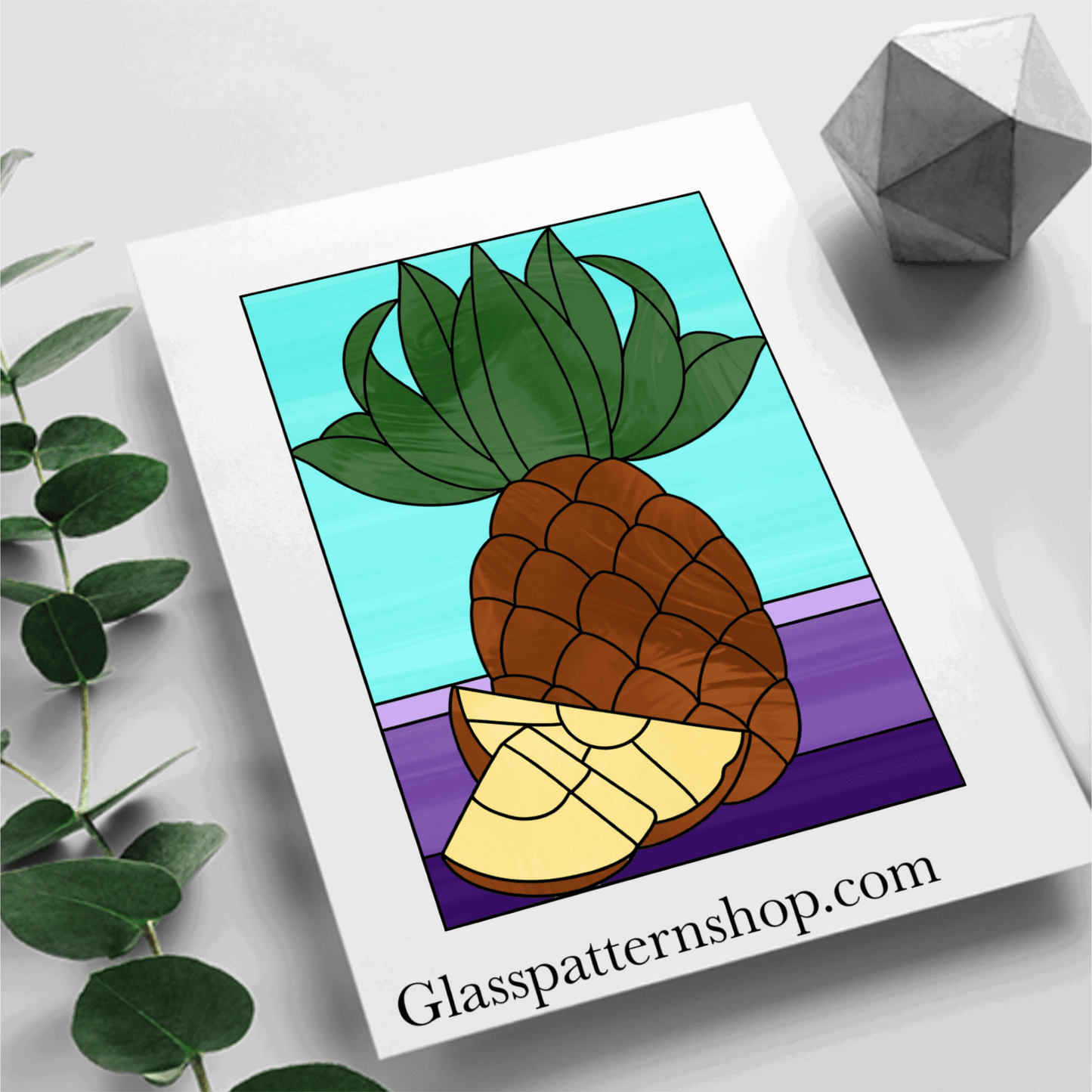 Detailed pineapple in a rectangular frame stained glass pattern, ideal for suncatchers, window panels, or tropical-themed décor. Digital download available in PNG, PDF, JPEG, and SVG formats.