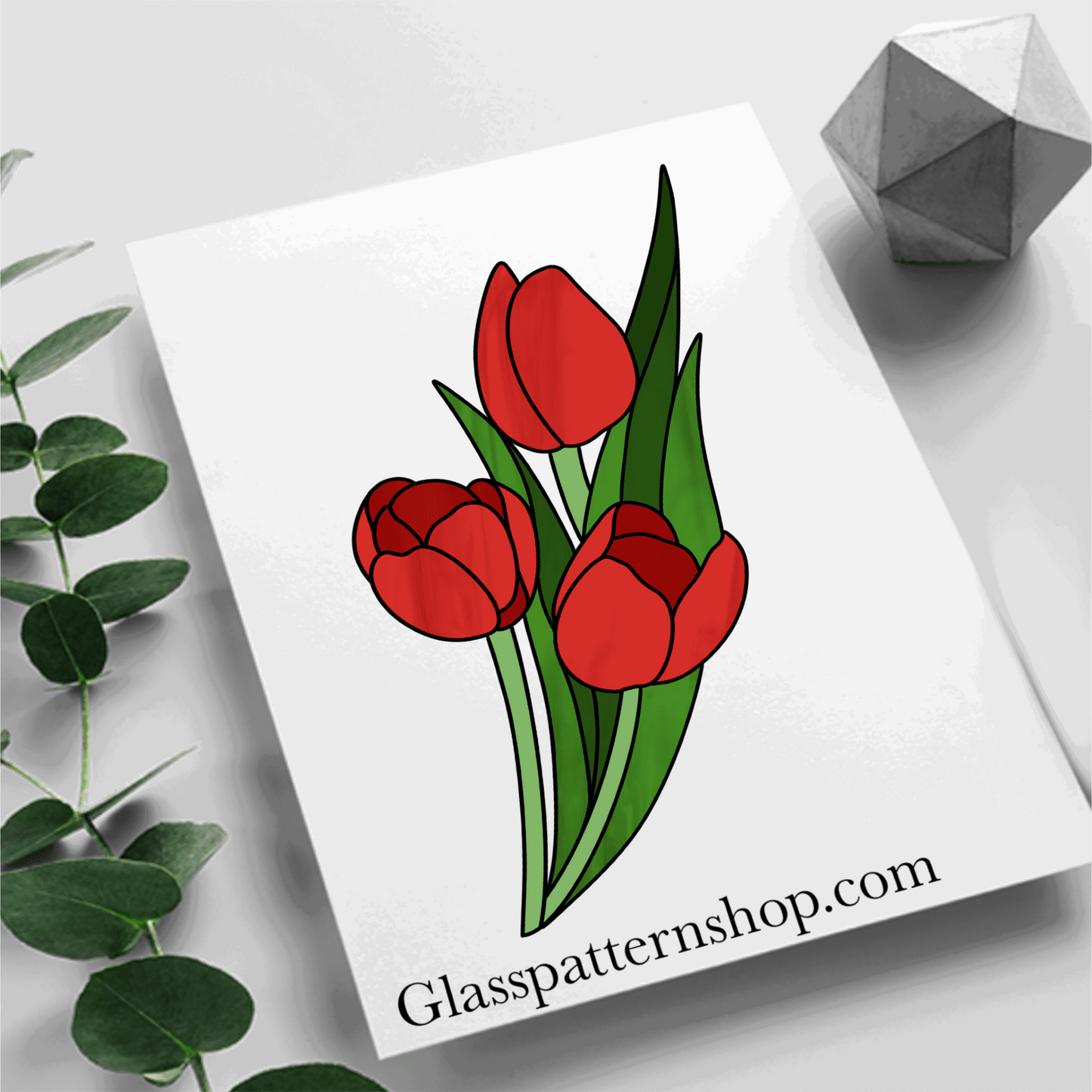 Stained glass tulip suncatcher pattern – printable digital design for crafting vibrant floral stained glass art.