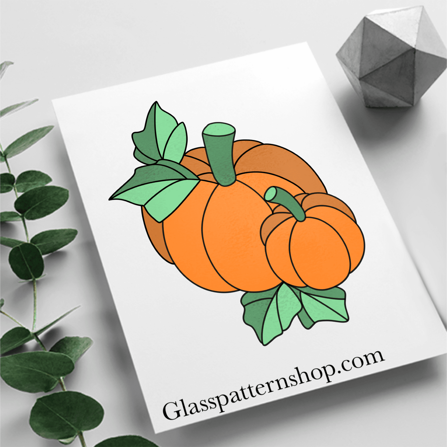 Two pumpkins stained glass pattern, printable digital download, autumn harvest design.