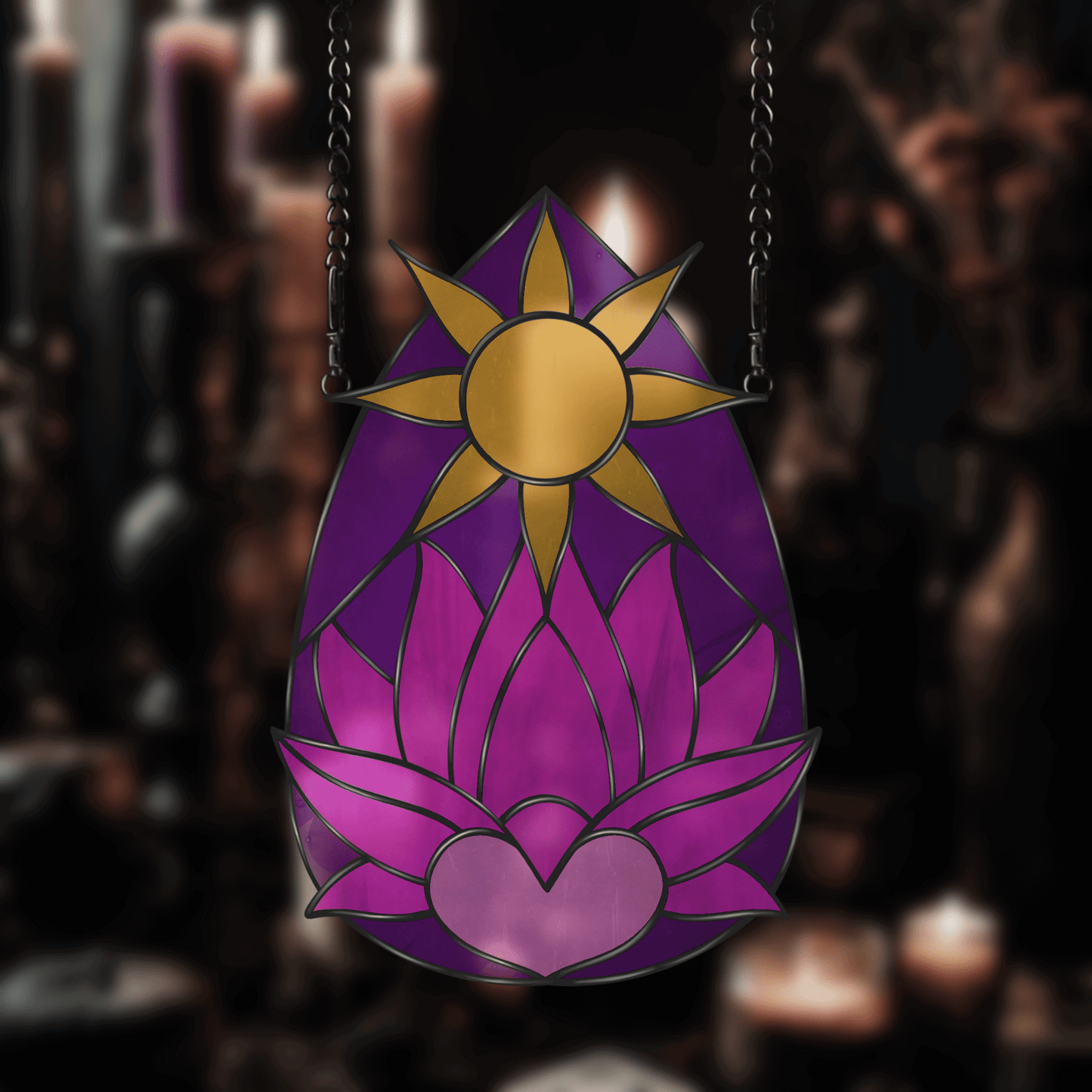 Celestial Sun, Heart, Lotus Flower Teardrop Shape Suncatcher Stained Glass Printable Pattern - DIGITAL PRODUCT