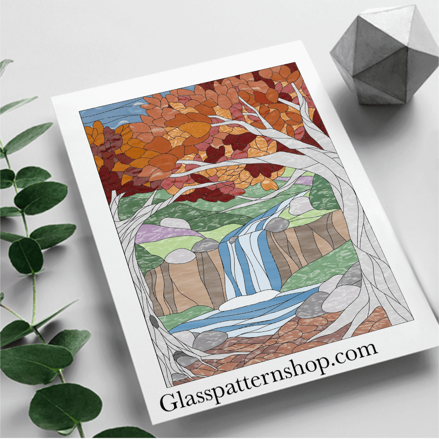 Waterfall stained glass printable pattern – digital download in PNG, PDF, JPEG, SVG formats. A detailed design depicting a cascading waterfall in nature.